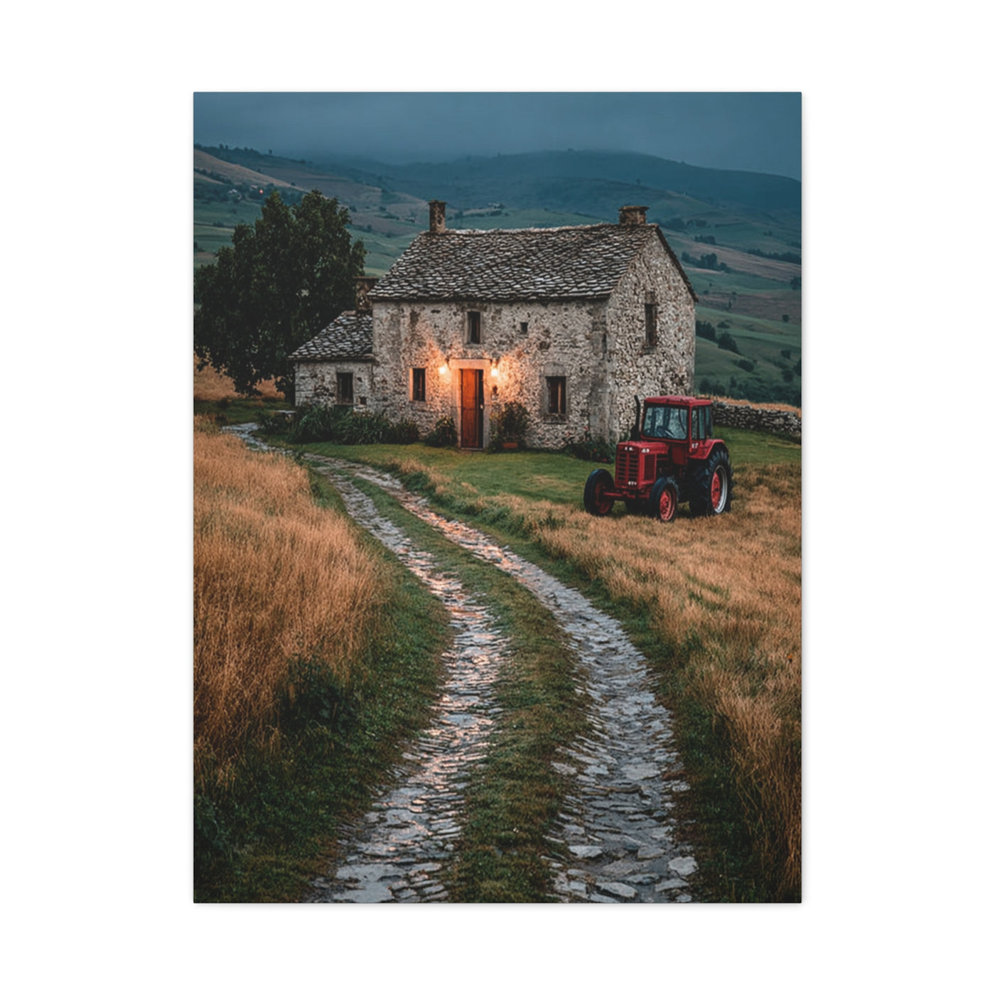 Stone Farmhouse with Red Tractor Landscape Wall Art & Canvas Print