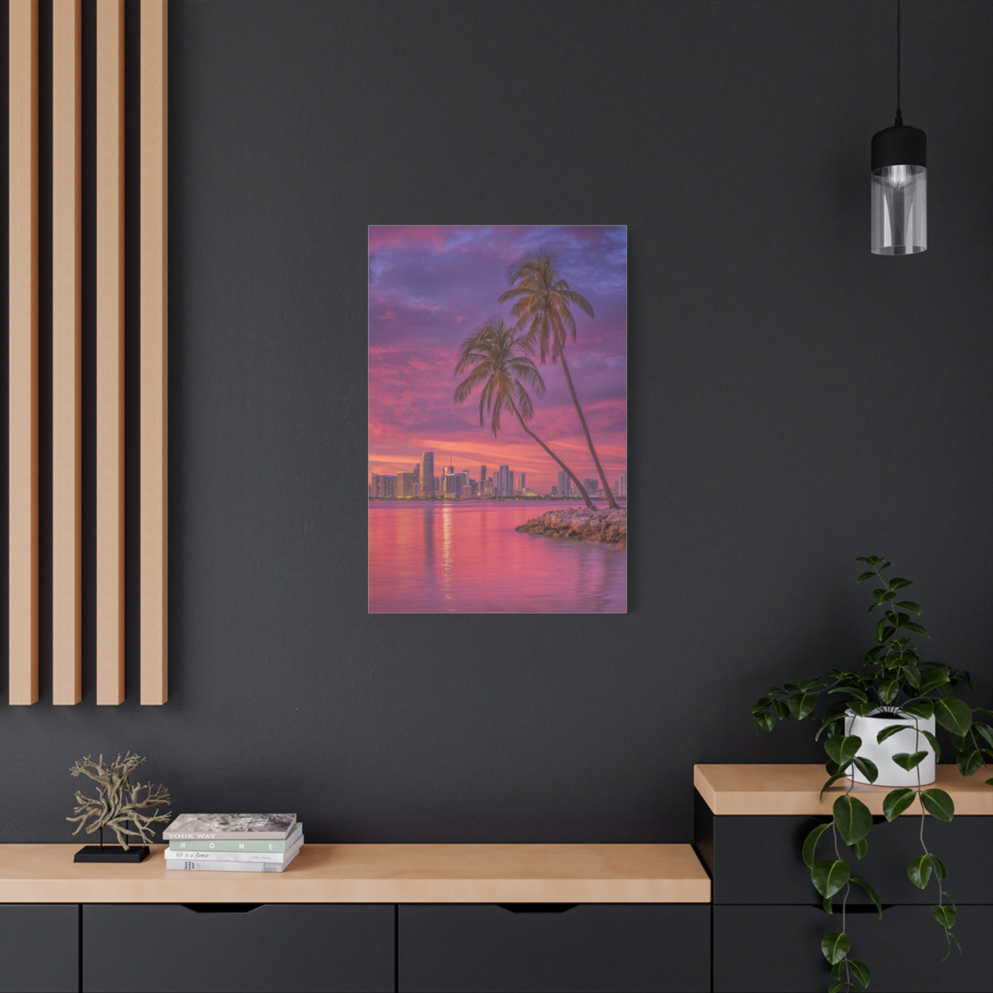 Miami Skyline Tropical Sunset With Palm Trees Wall Art & Canvas Print