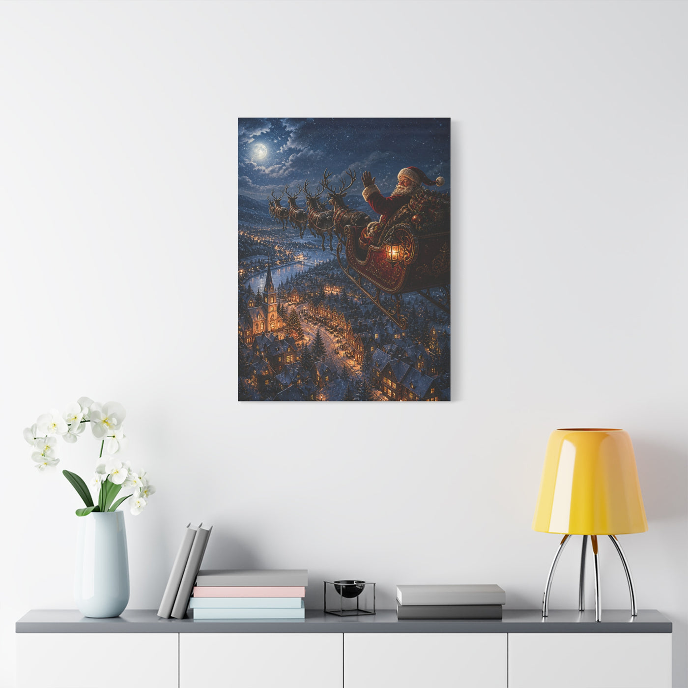 Santa Sleigh Flight Over Snowy Village Wall Art & Canvas Print