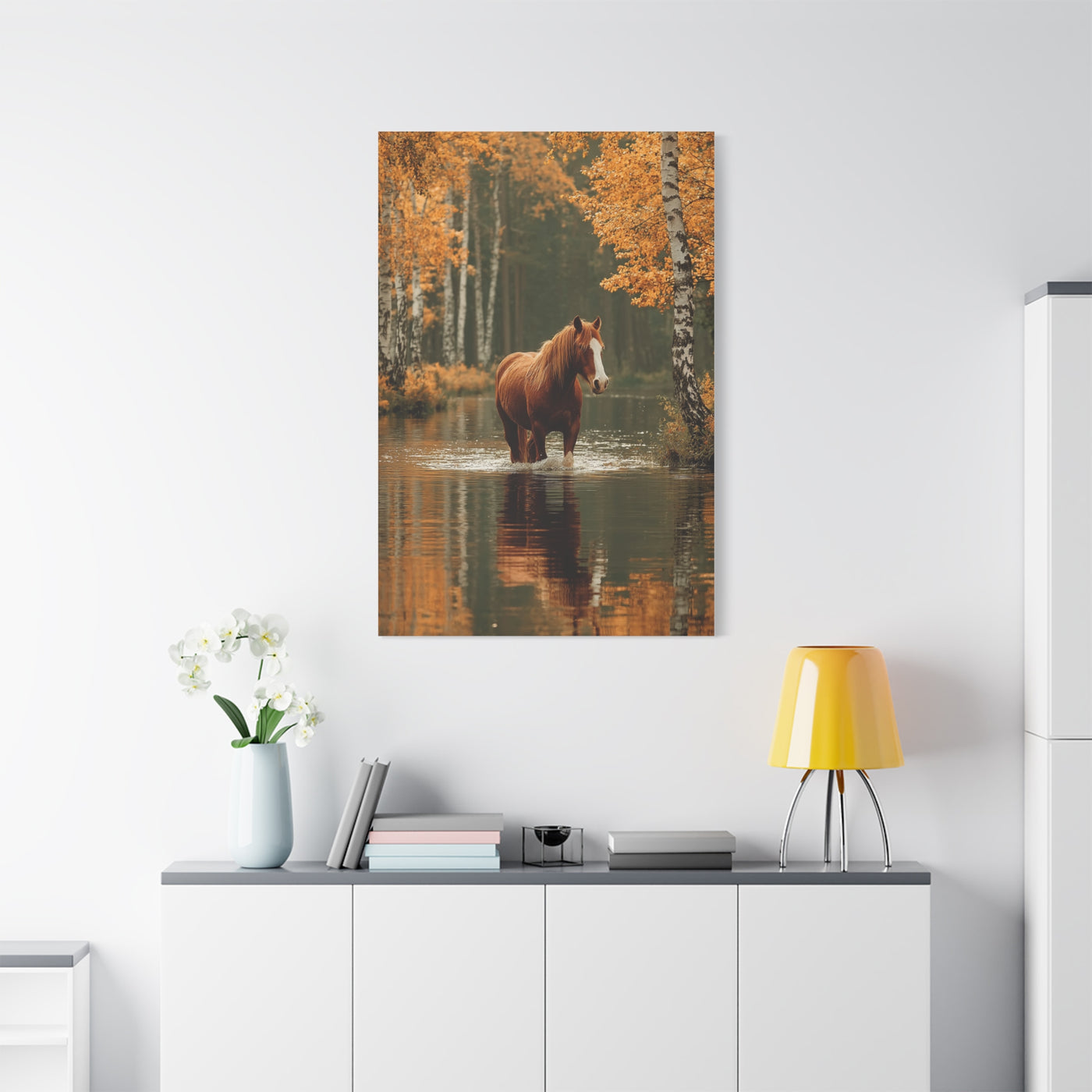 Autumn River Horse Reflection Wall Art & Canvas Print
