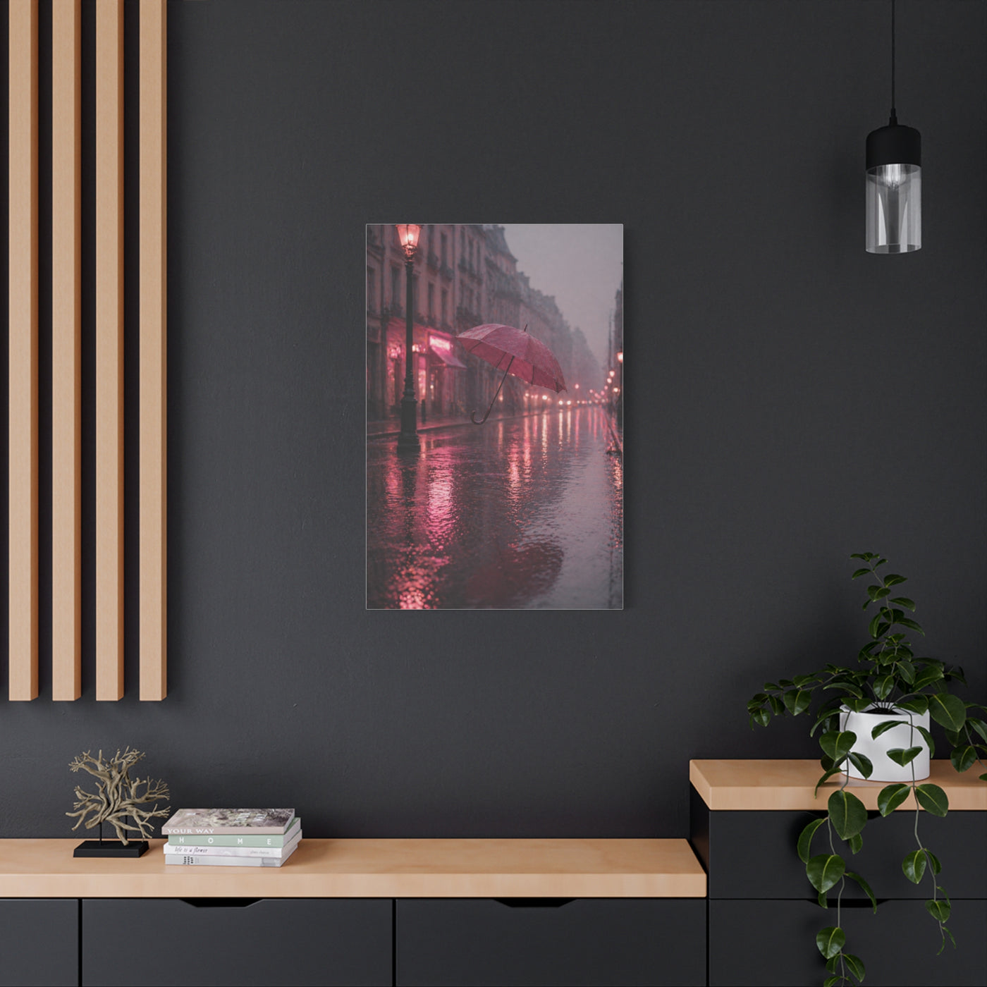 Dreamy Pink Umbrella Rain Scene Wall Art & Canvas Print