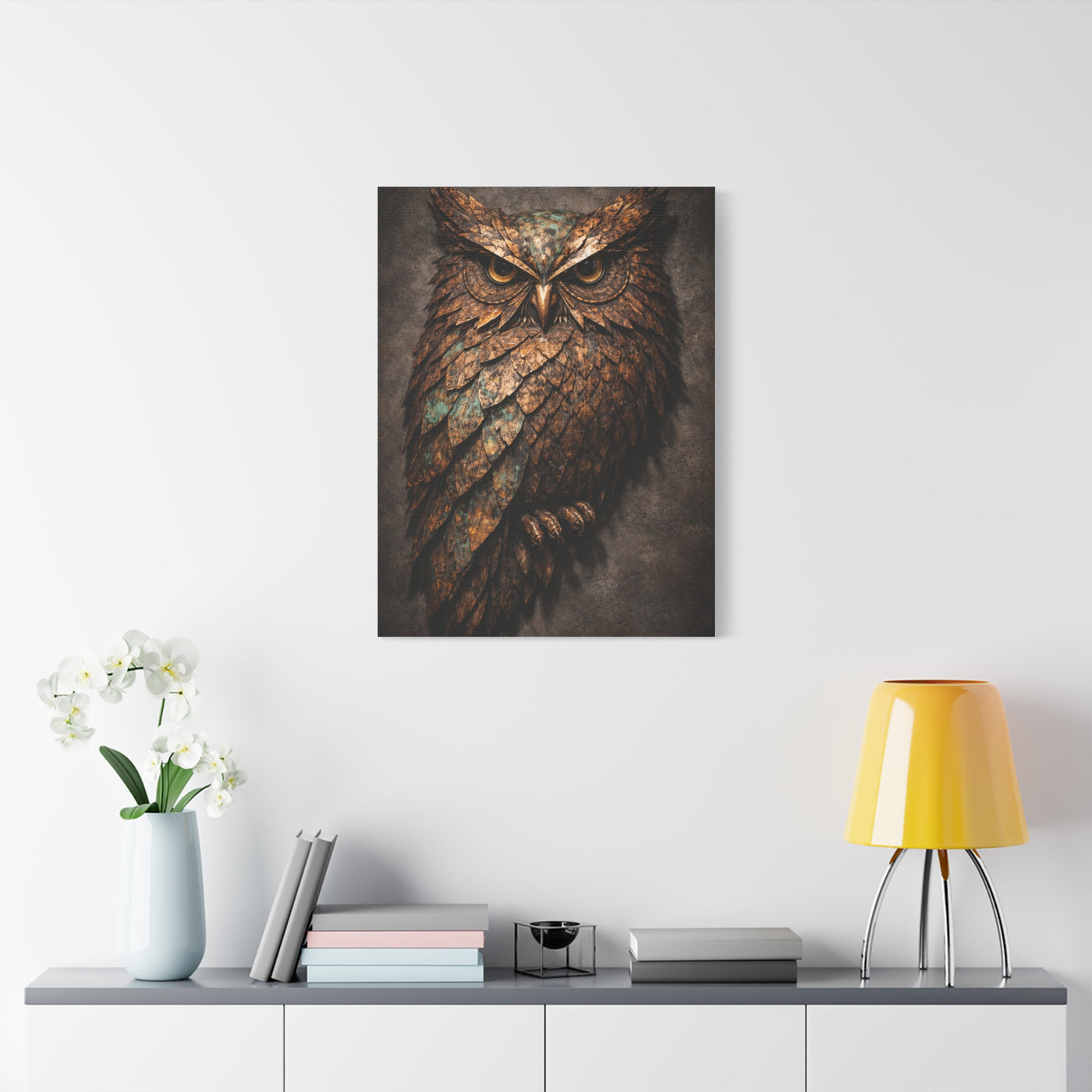 Rustic Metal Feather Owl Sculpture Wall Art & Canvas Print