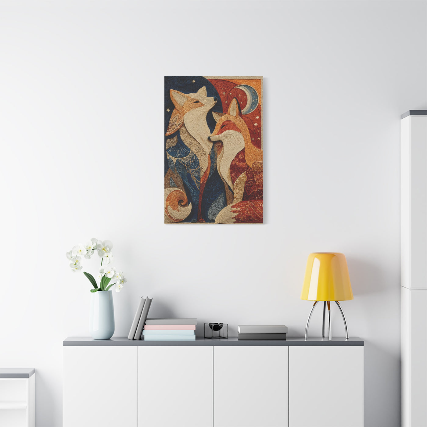 Folk Twin Foxes Celestial Linocut Wall Art & Canvas Print