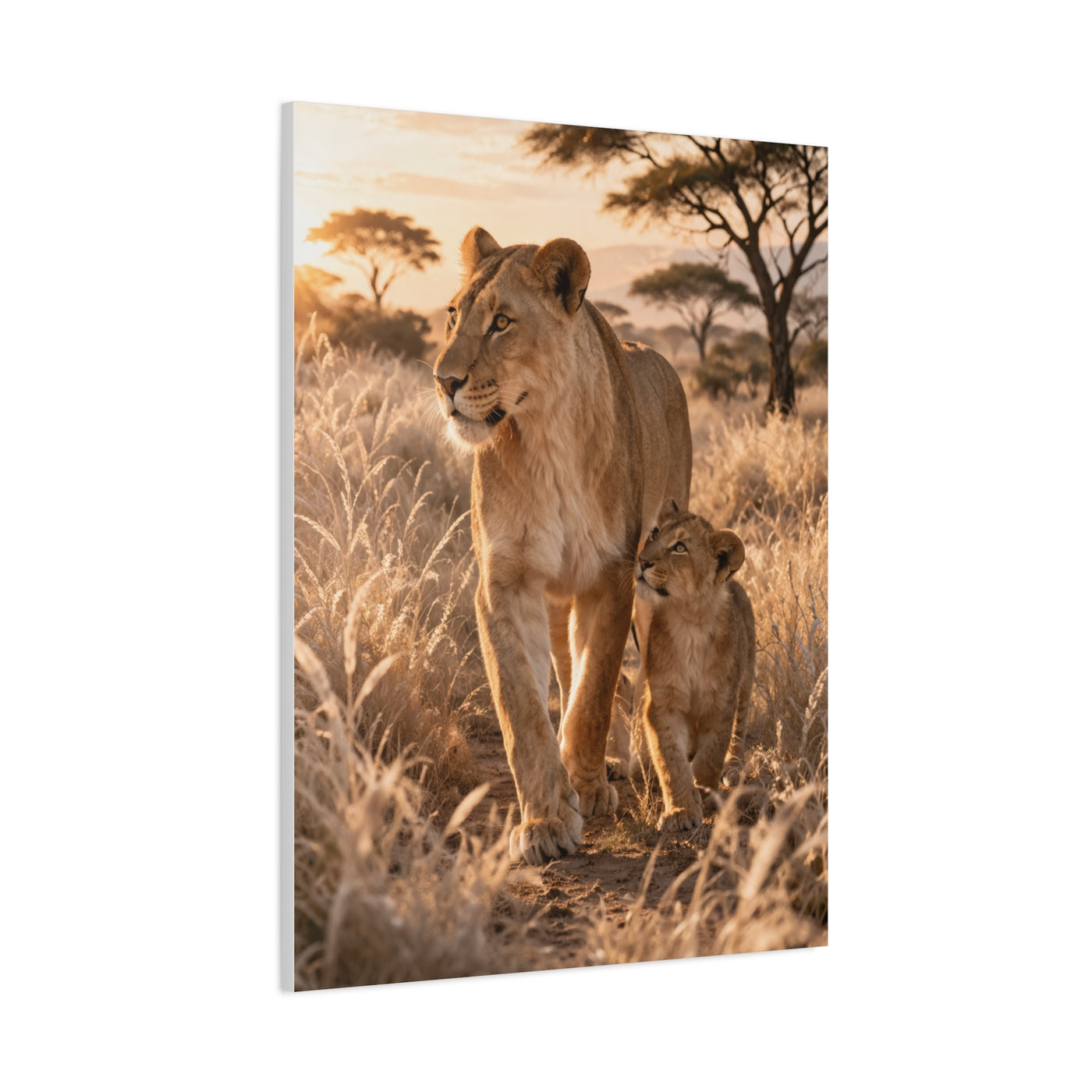 Lioness and Cub Golden Walk Wall Art & Canvas Print