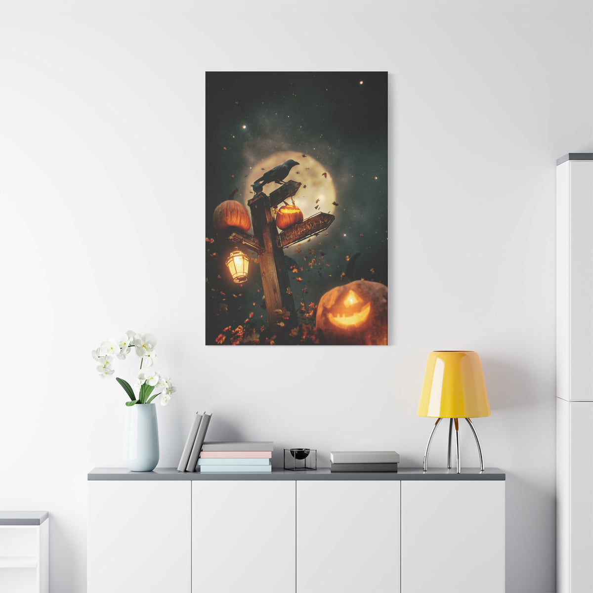 Crow on Pumpkin Signpost Under the Full Moon Wall Art & Canvas Print