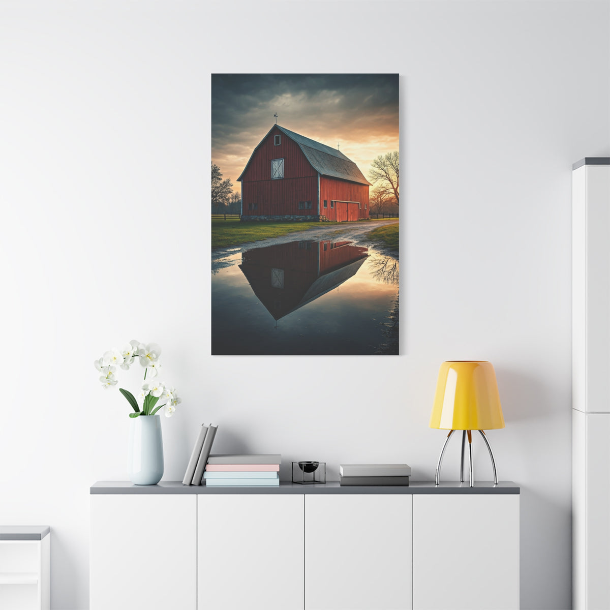 Reflected Red Barn at Dusk Wall Art & Canvas Prints