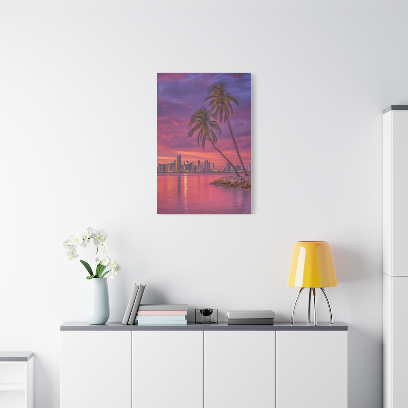 Miami Skyline Tropical Sunset With Palm Trees Wall Art & Canvas Print