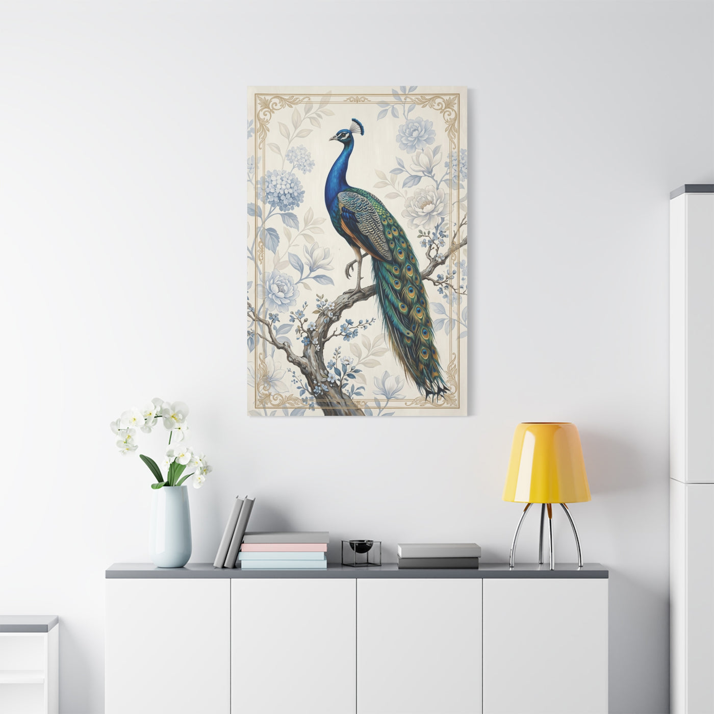 Elegant Blue Botanical Peacock Wall Art & Canvas Print