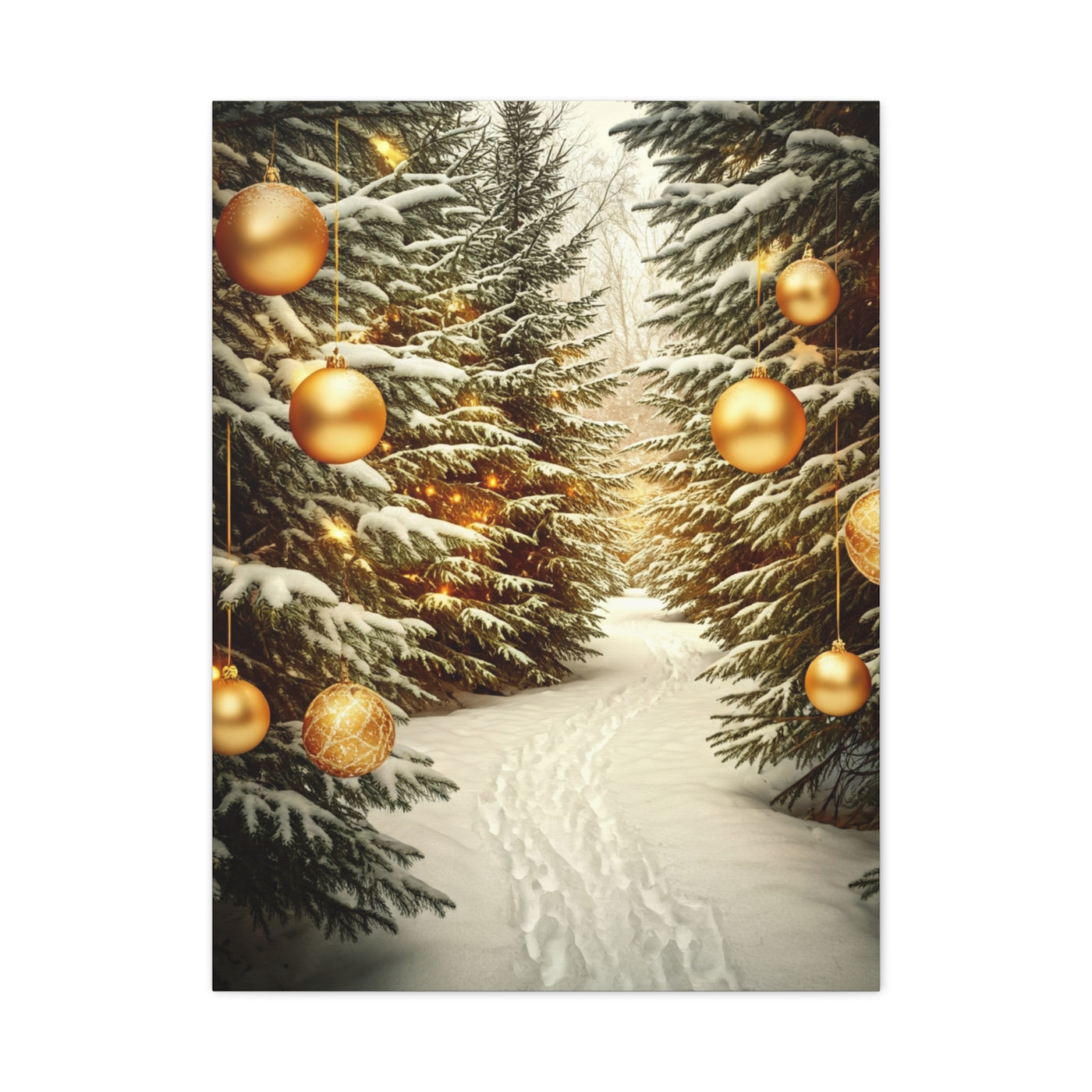 Snowy Pine Path With Golden Christmas Ornaments Wall Art & Canvas Print