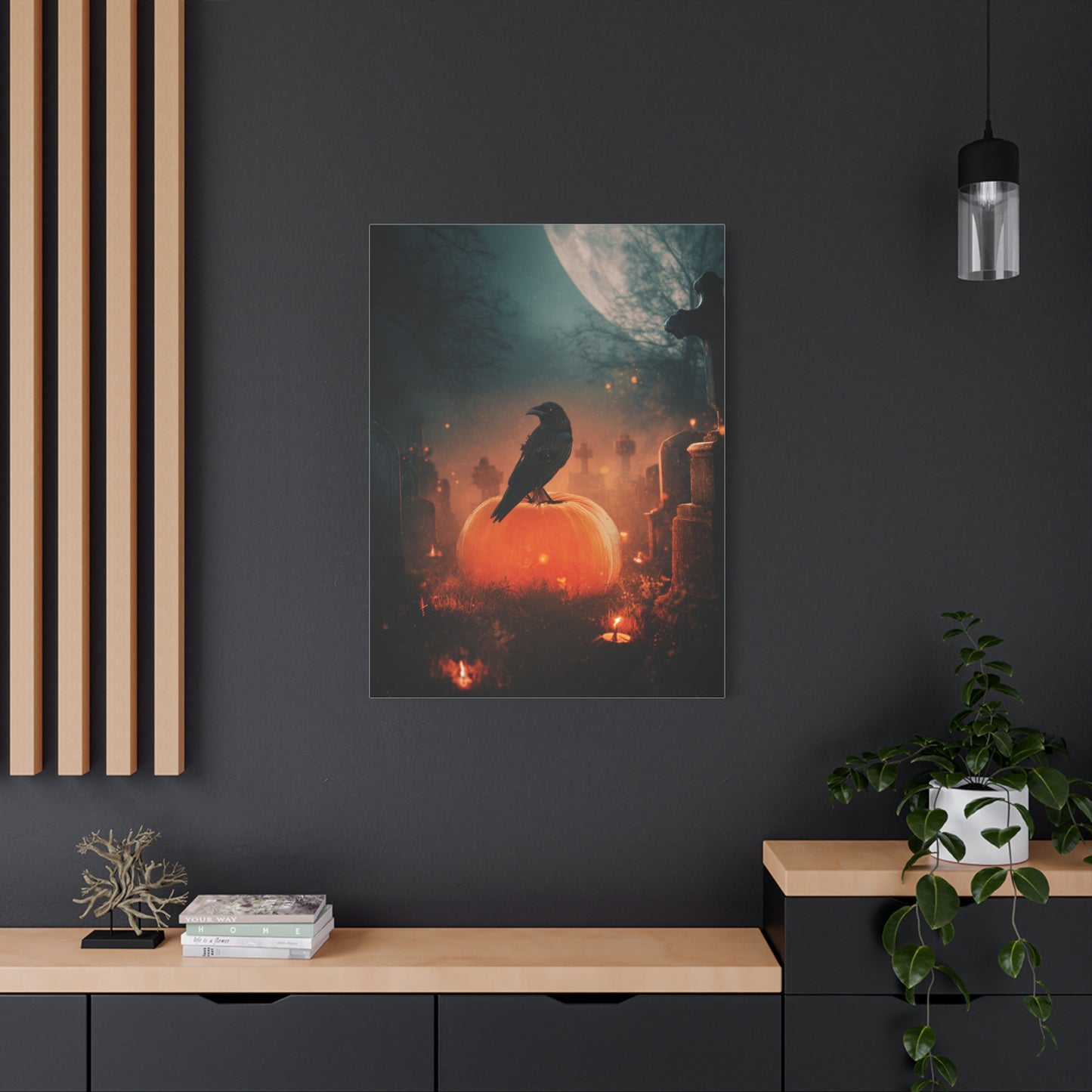 Crow on Pumpkin in Moonlit Graveyard Wall Art & Canvas Print