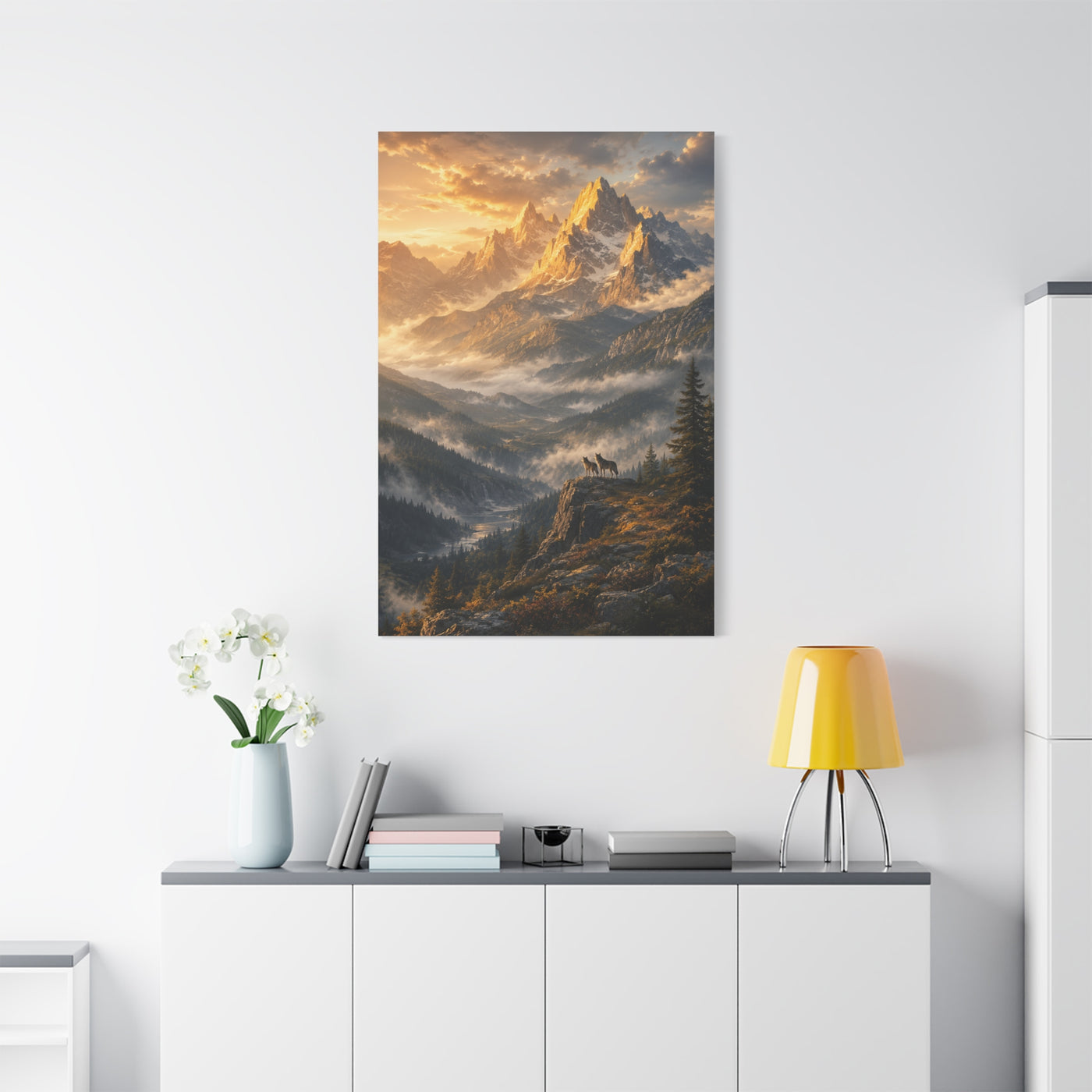 Golden Mountain Valley Wolf Pair Landscape Wall Art & Canvas Print