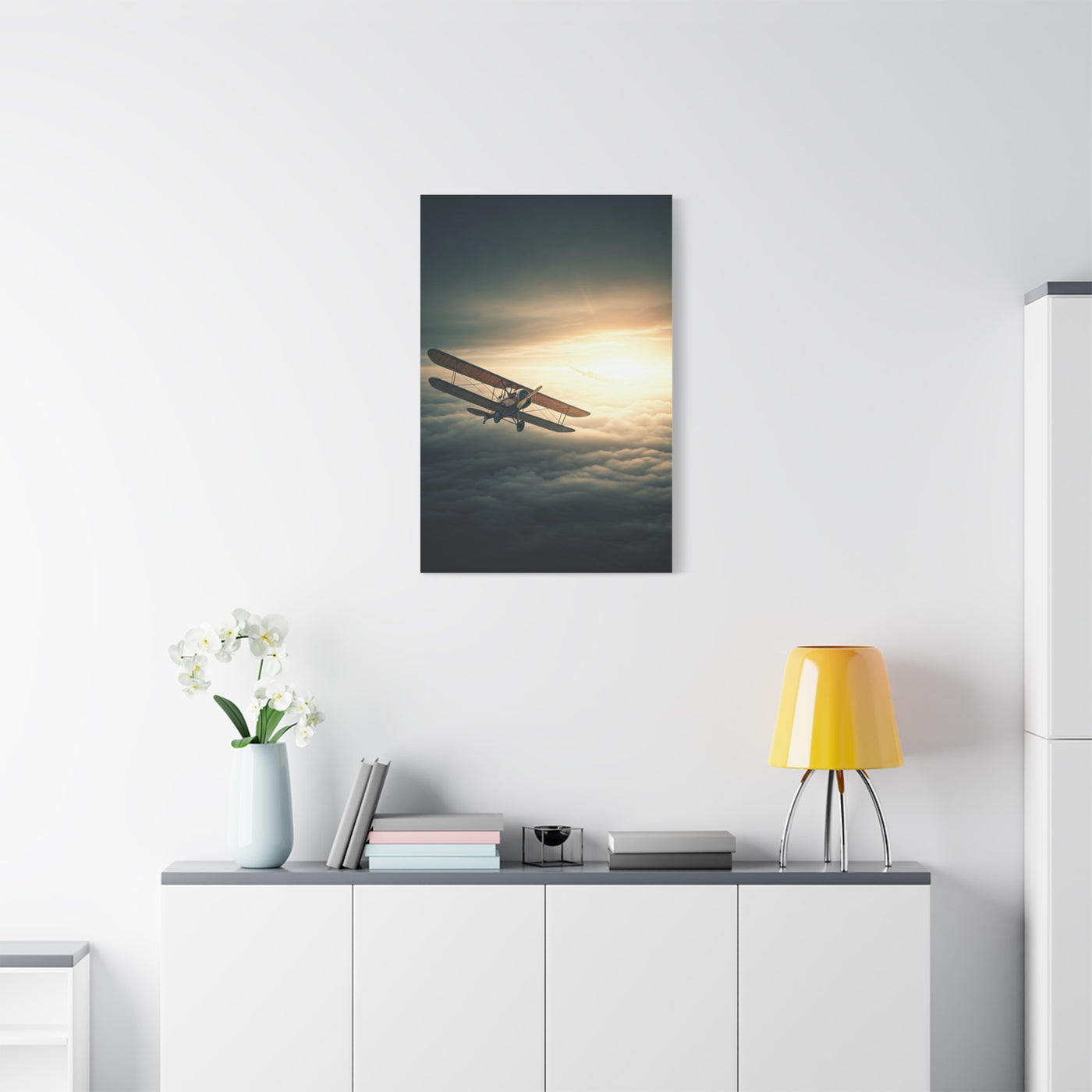Vintage Biplane Into the Light Wall Art & Canvas Prints