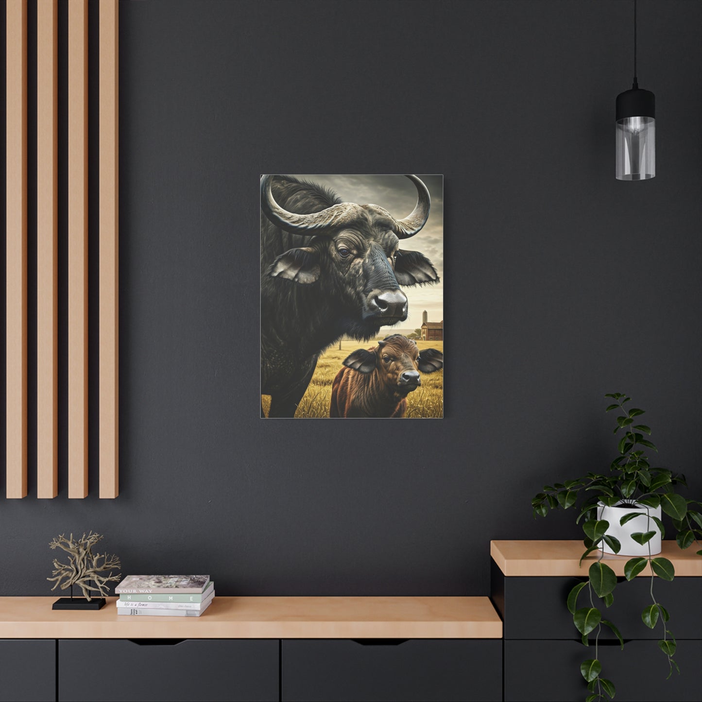 Cape Buffalo Herd Leader with Savannah Background Wall Art & Canvas Print