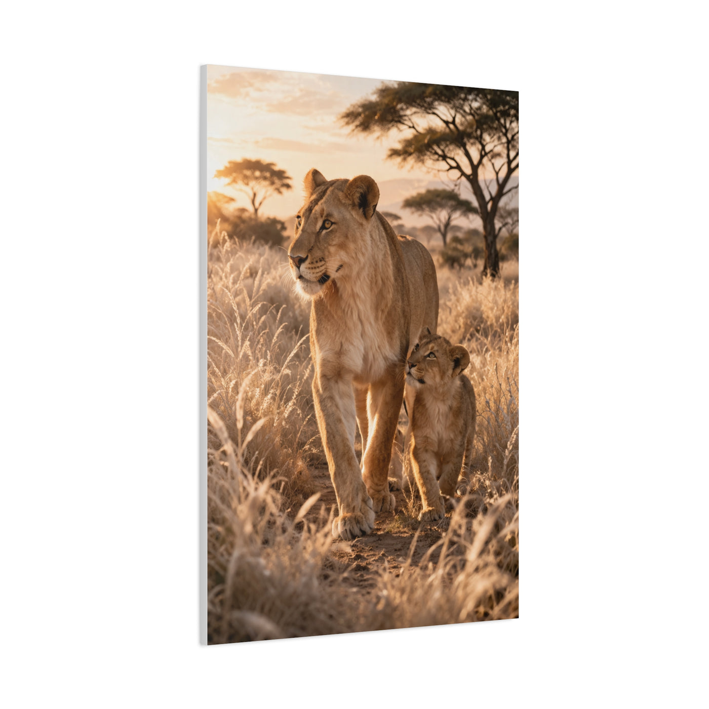 Lioness and Cub Golden Walk Wall Art & Canvas Print