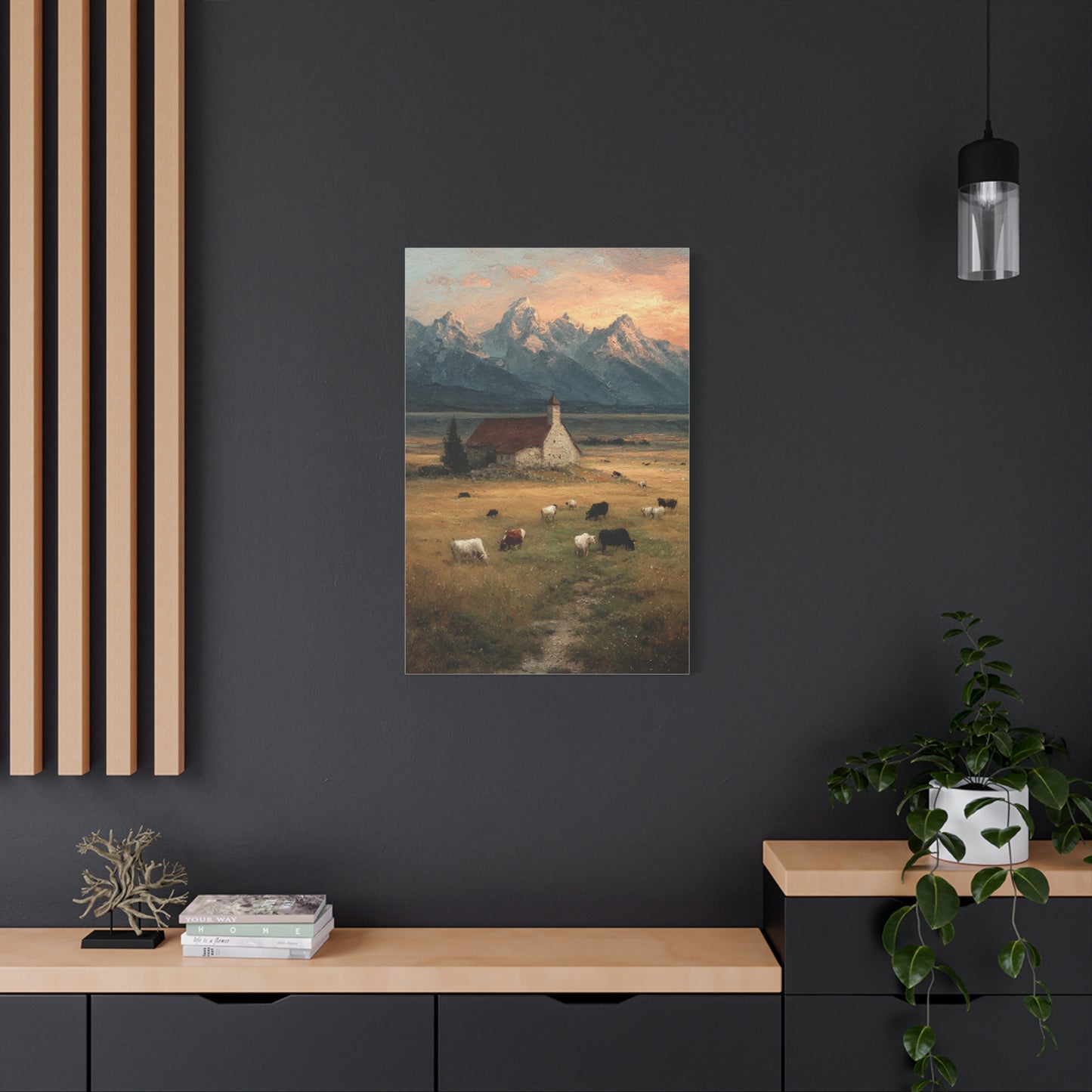 Rustic Mountain Farm Bulls & Cows Painting Wall Art & Canvas Print