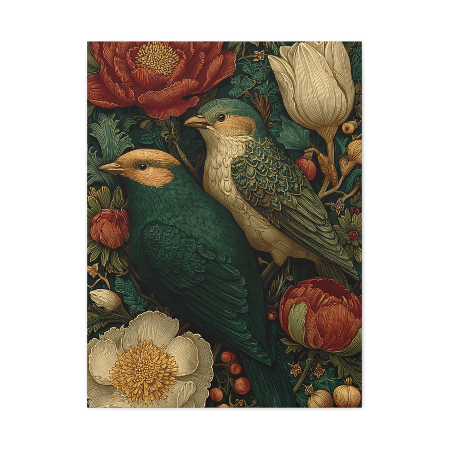Green Botanical Songbird Pattern Wall Art & Canvas Print