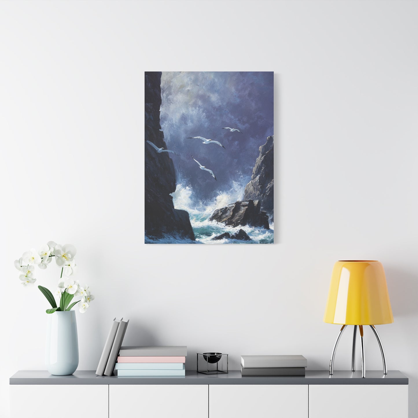 Seagulls Flying Above Crashing Coastal Waves Wall Art & Canvas Print