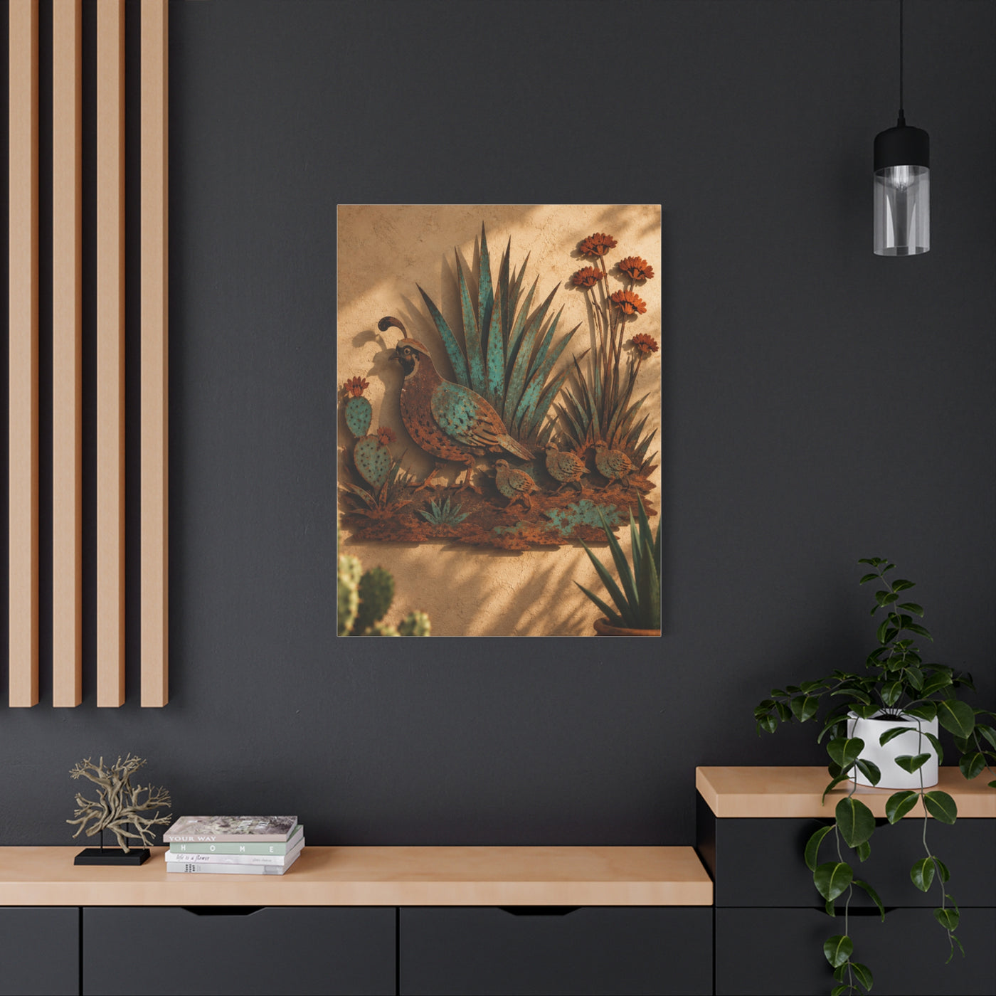 Quail Family Metal Relief Southwest Wall Art & Canvas Print