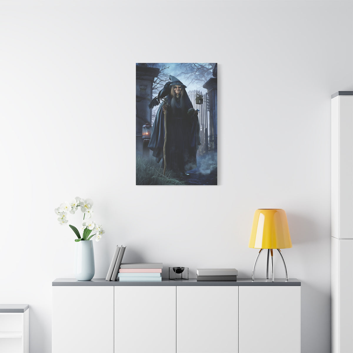 Witch with Raven at the Moonlit Cemetery Gate Wall Art & Canvas Print