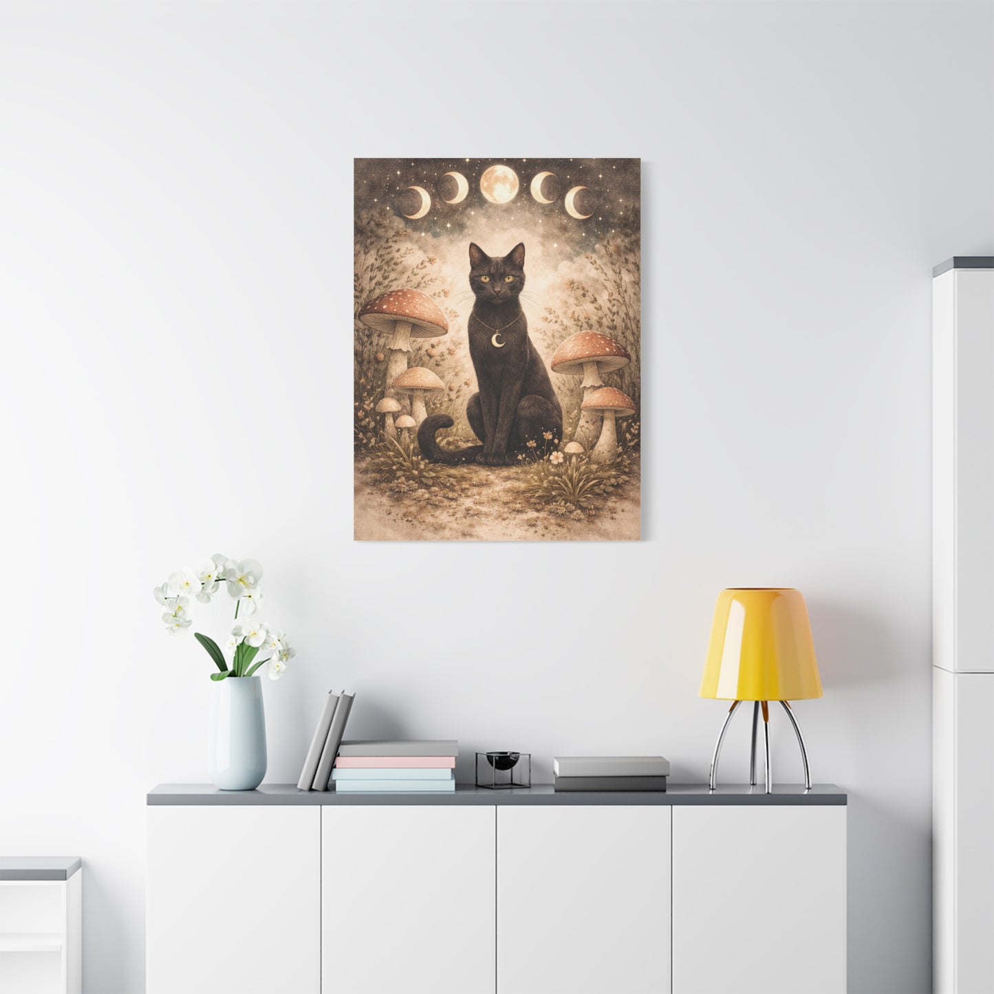 Mystical Boho Black Cat and Mushroom Night Scene Wall Art & Canvas Print