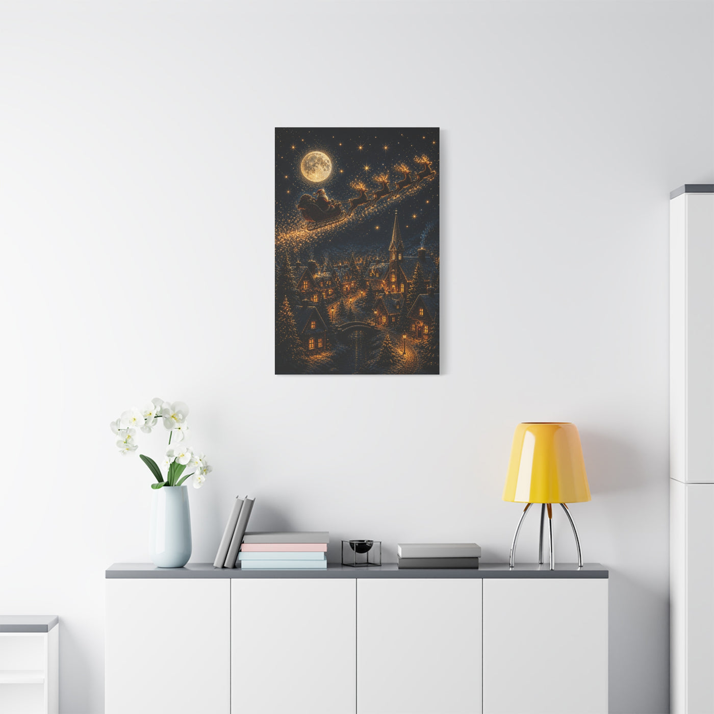 Moonlit Santa Sleigh Over Winter Village Wall Art & Canvas Print