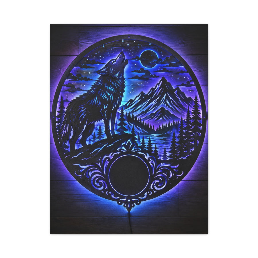 LED Mountain Wolf Night Circle Scene Wall Art & Canvas Print
