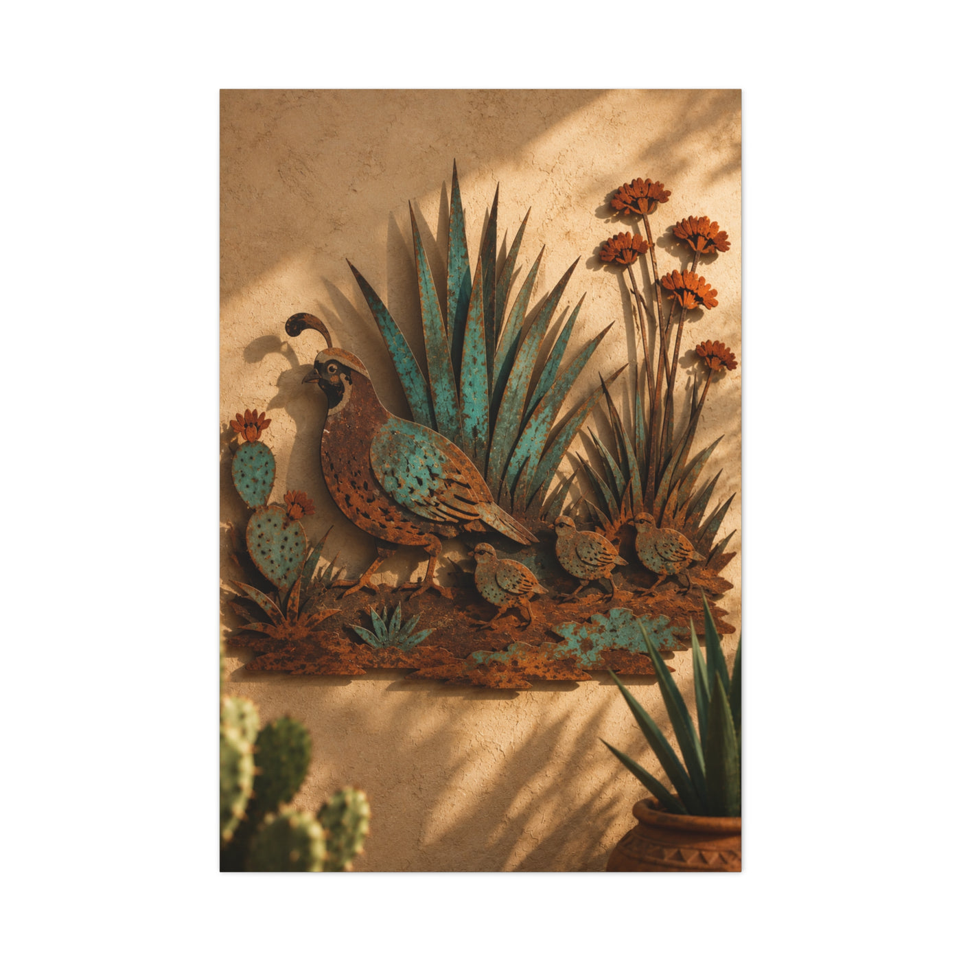 Quail Family Metal Relief Southwest Wall Art & Canvas Print