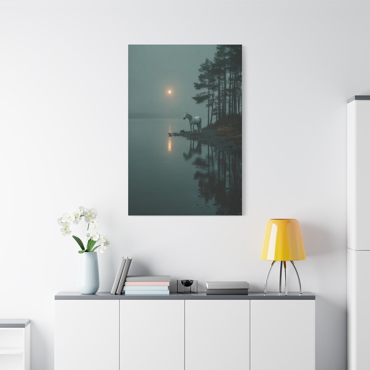 Gray Horse Moonlit Lake Wall Art & Canvas Print