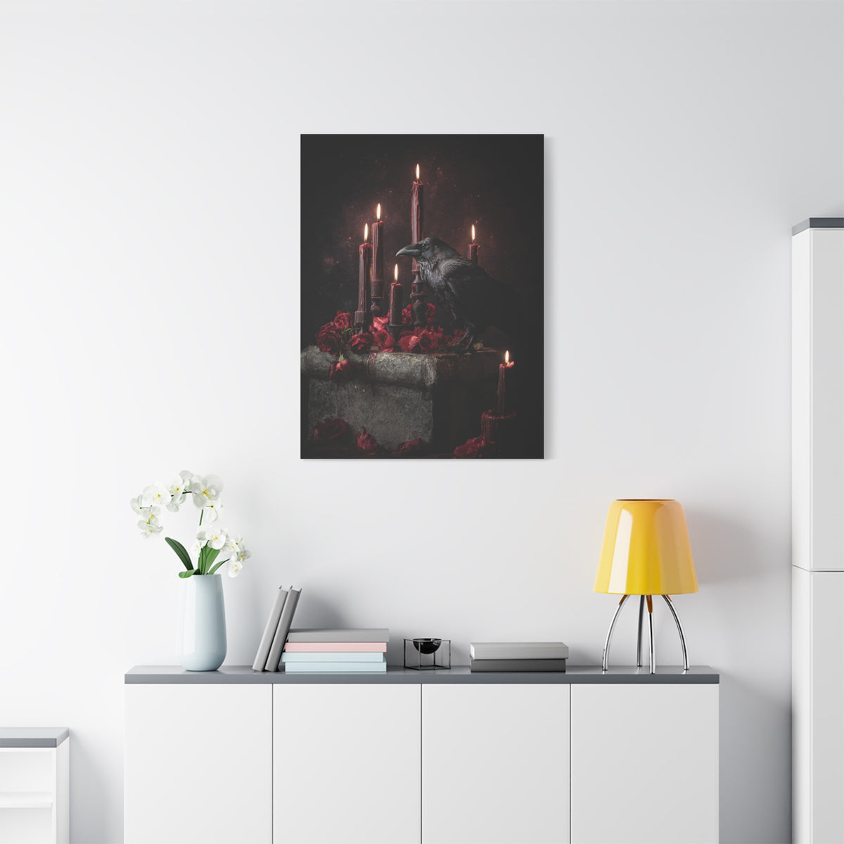 Raven with Candles and Crimson Roses Wall Art & Canvas Print