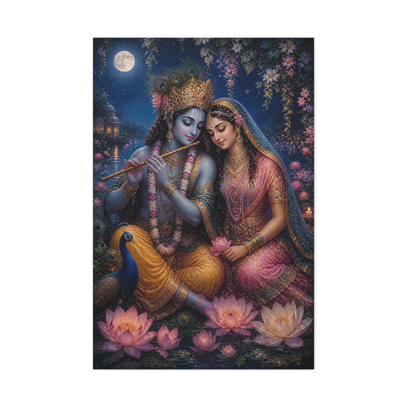 Radha and Krishna Moonlit Lotus Garden Wall Art & Canvas Print