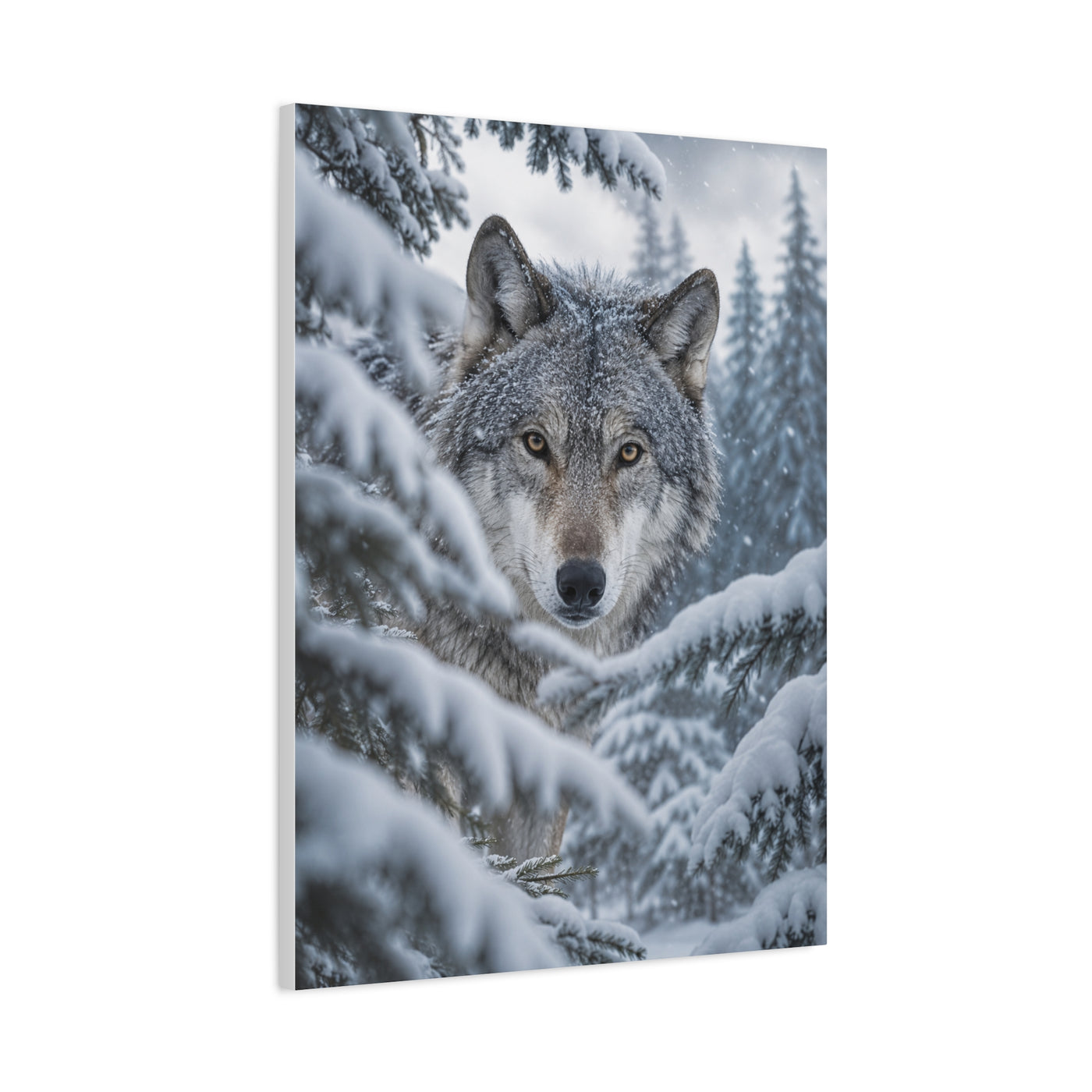 Snow-Covered Pine Wolf Close Portrait Wall Art & Canvas Print