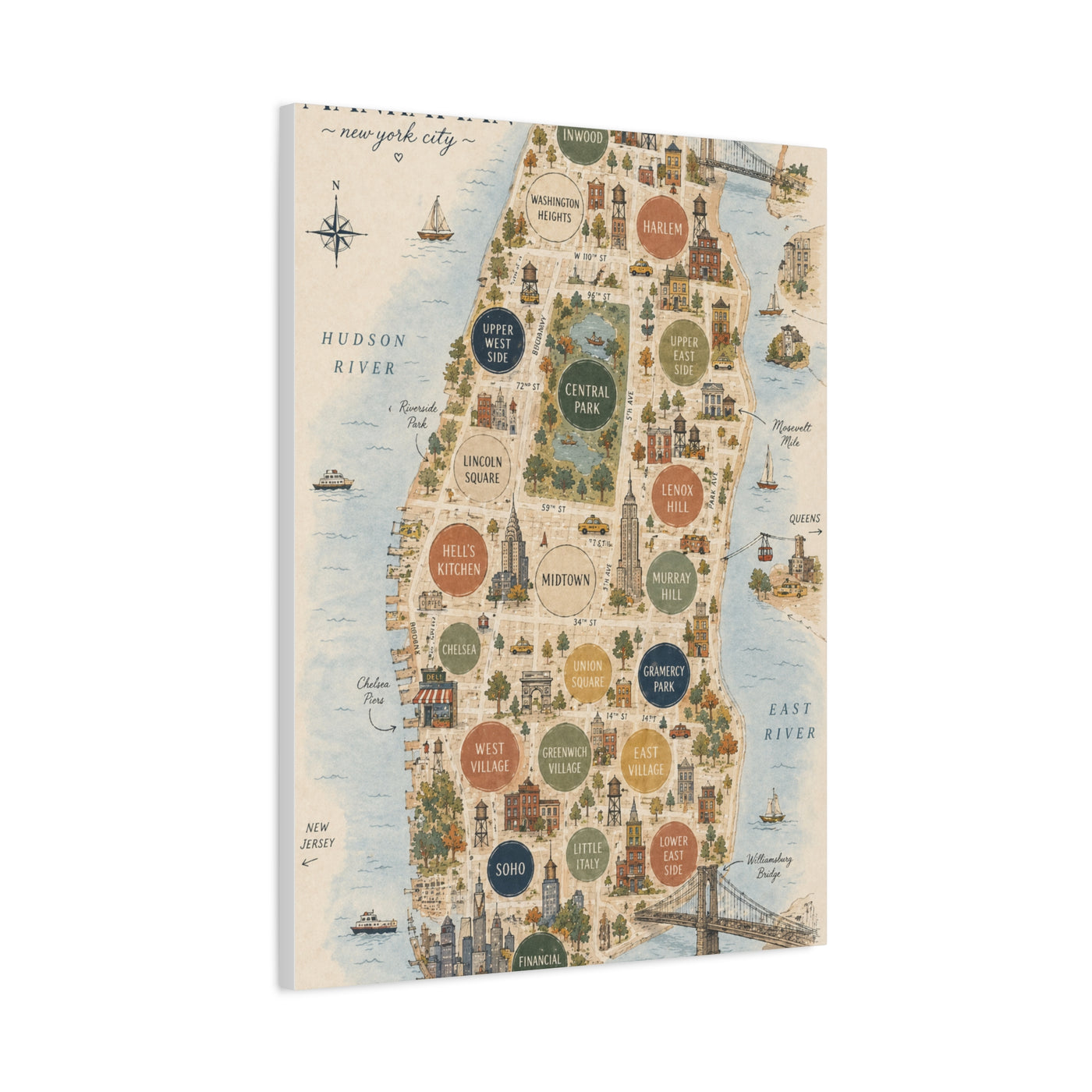 Manhattan Illustrated Map Composition Wall Art & Canvas Print