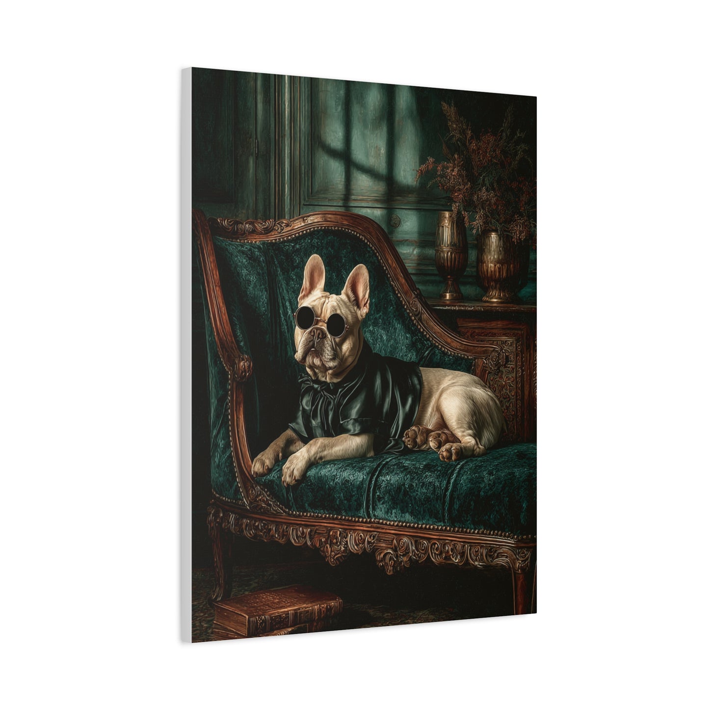 French Bulldog on Emerald Velvet Chaise Wall Art & Canvas Print