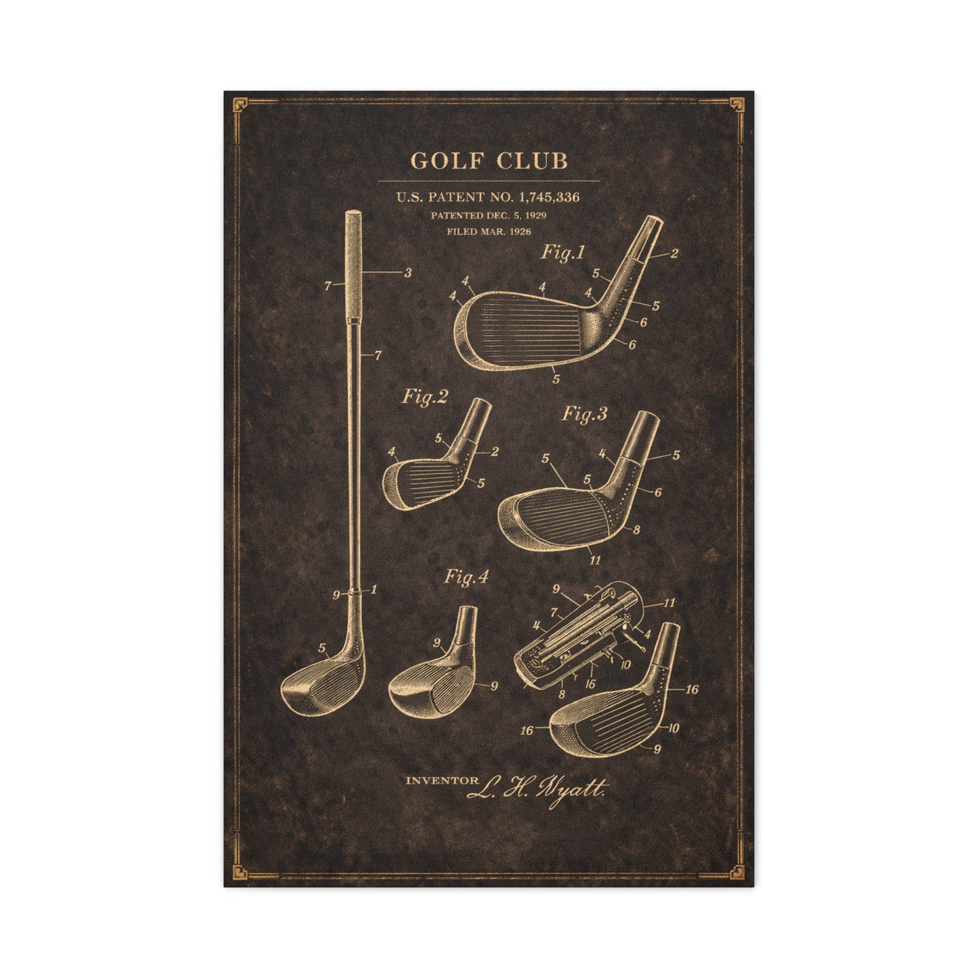 Antique Golf Club Patent Diagram Wall Art & Canvas Print