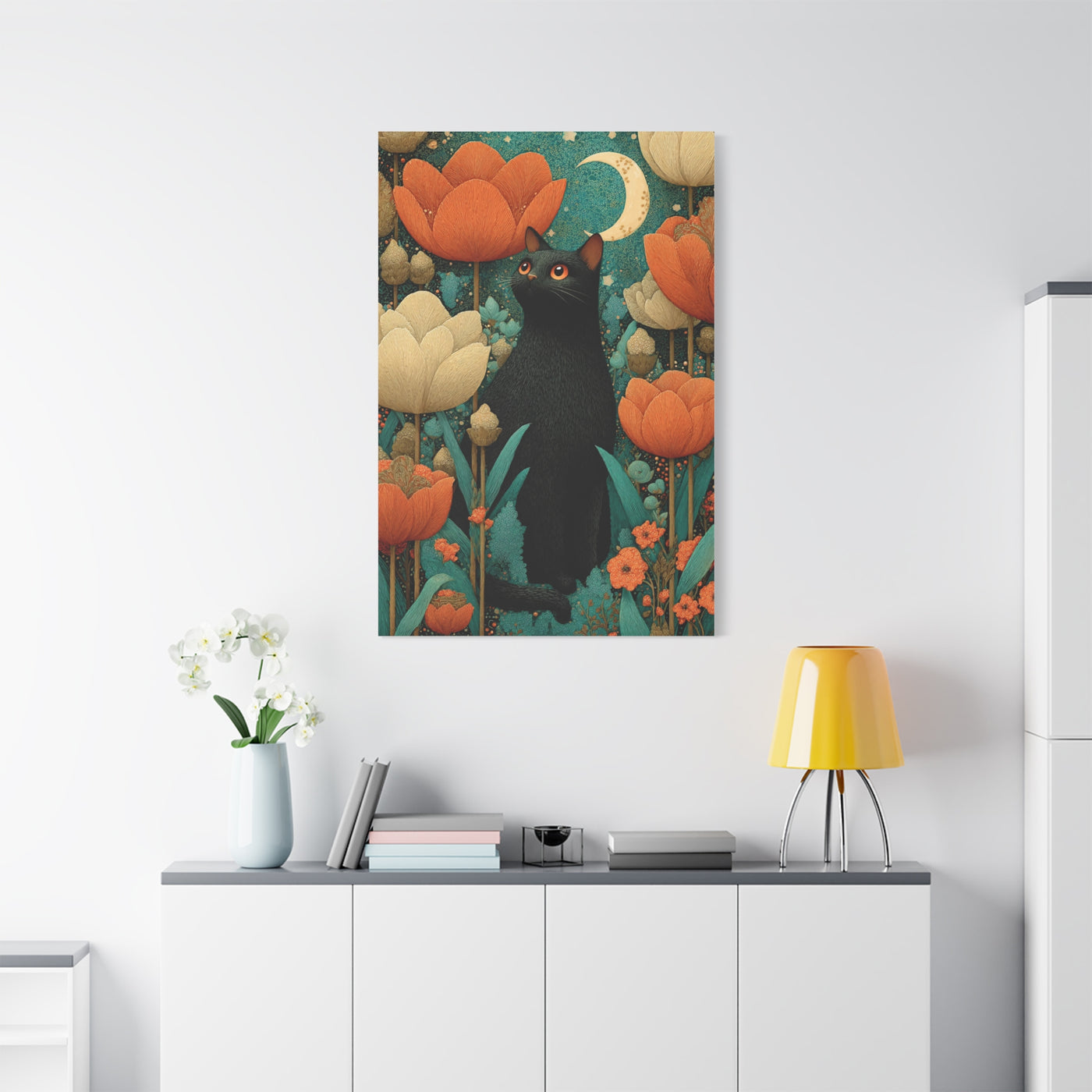 Folk Black Cat Garden Wall Art & Canvas Print
