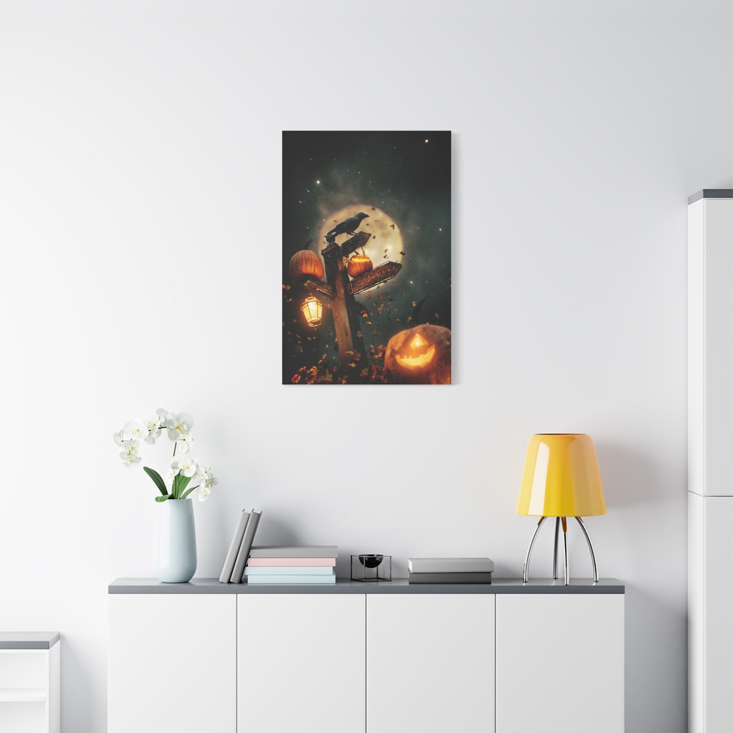 Crow on Pumpkin Signpost Under the Full Moon Wall Art & Canvas Print