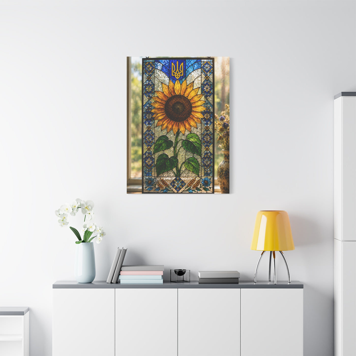 Ornate Stained Glass Sunflower Panel Wall Art & Canvas Print