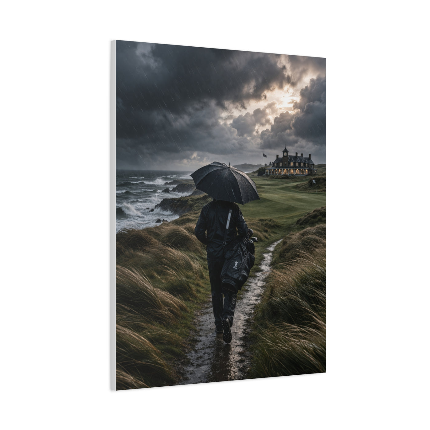 Stormy Seaside Golfer Journey Wall Art & Canvas Print
