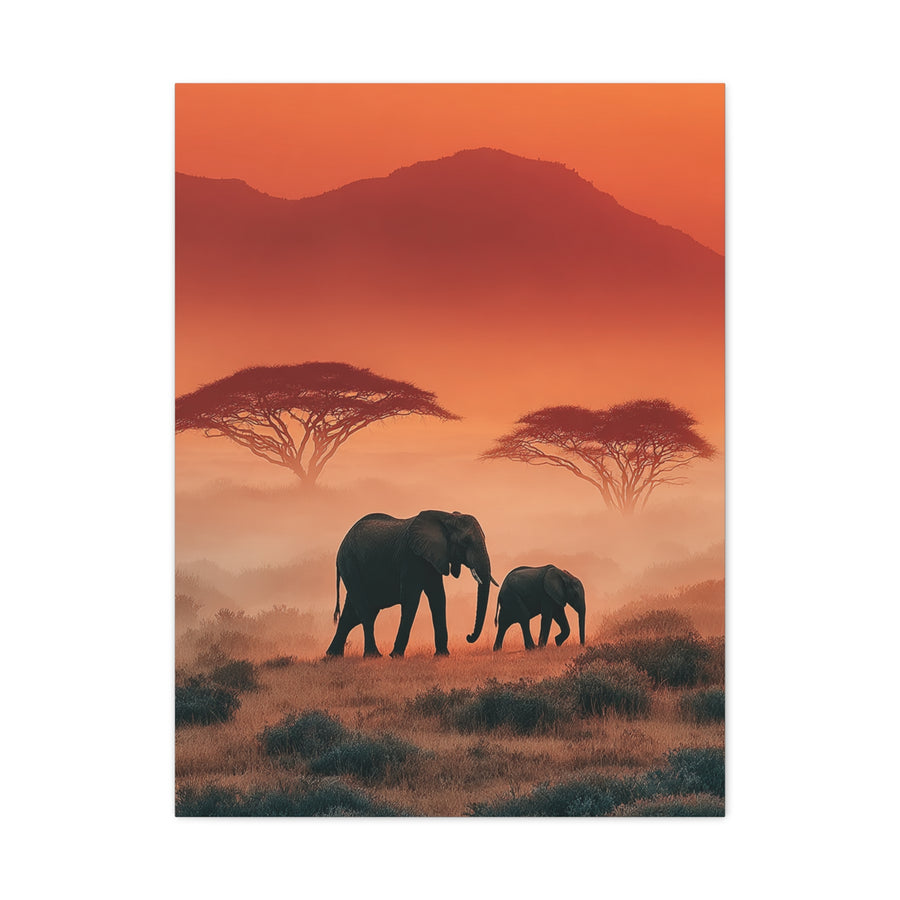 Mother and Calf Savanna Sunrise Wall Art & Canvas Print