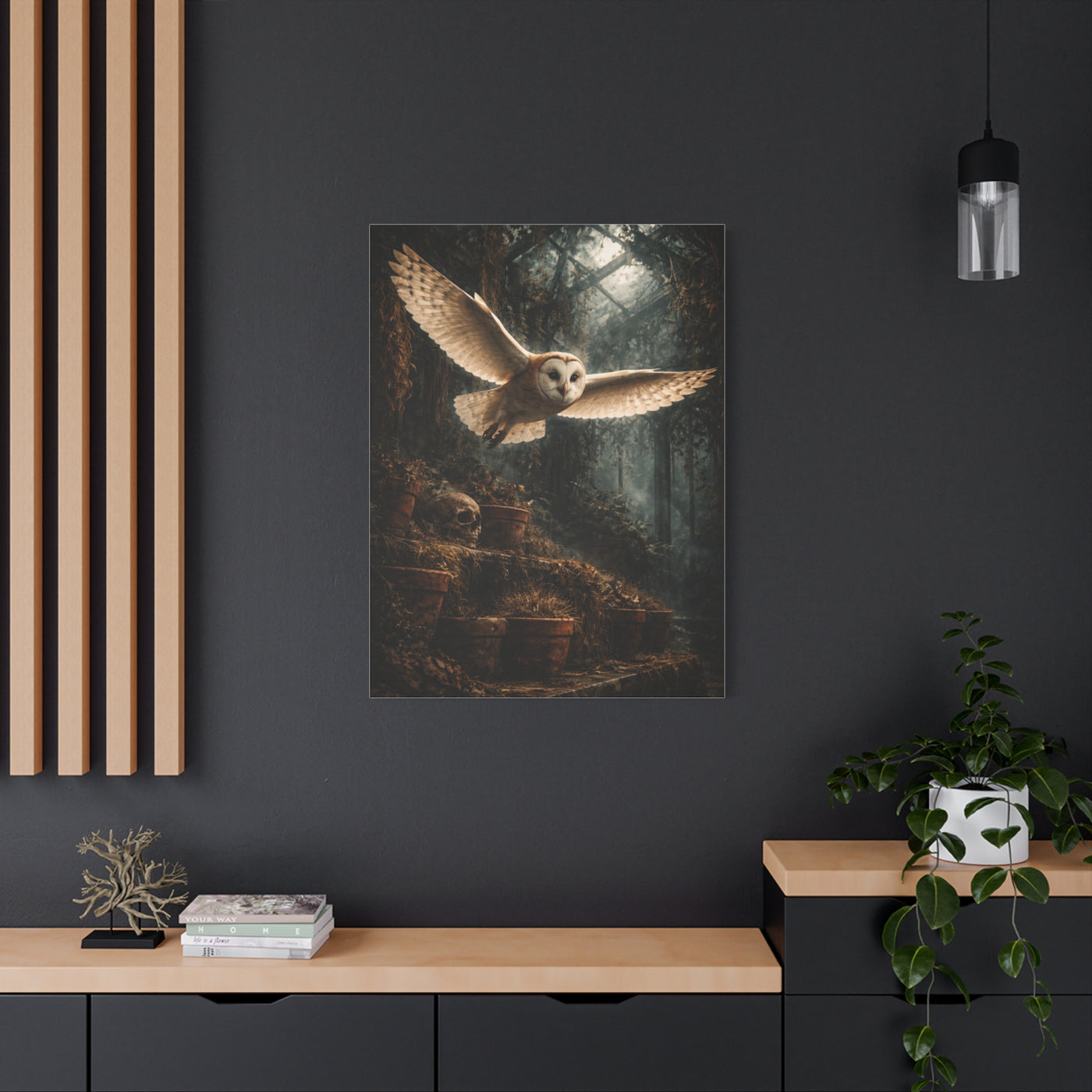 Gothic Greenhouse Flying Barn Owl Wall Art & Canvas Print