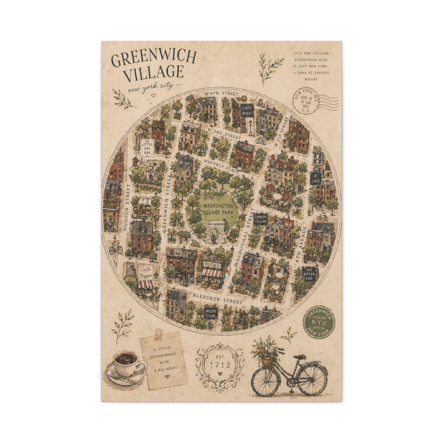 Greenwich Village Illustrated Map Wall Art & Canvas Print