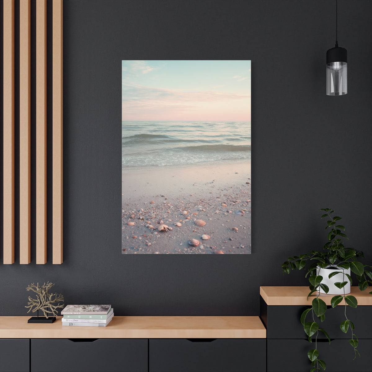 Pastel Sunrise Beach with Seashell Shore Wall Art & Canvas Print