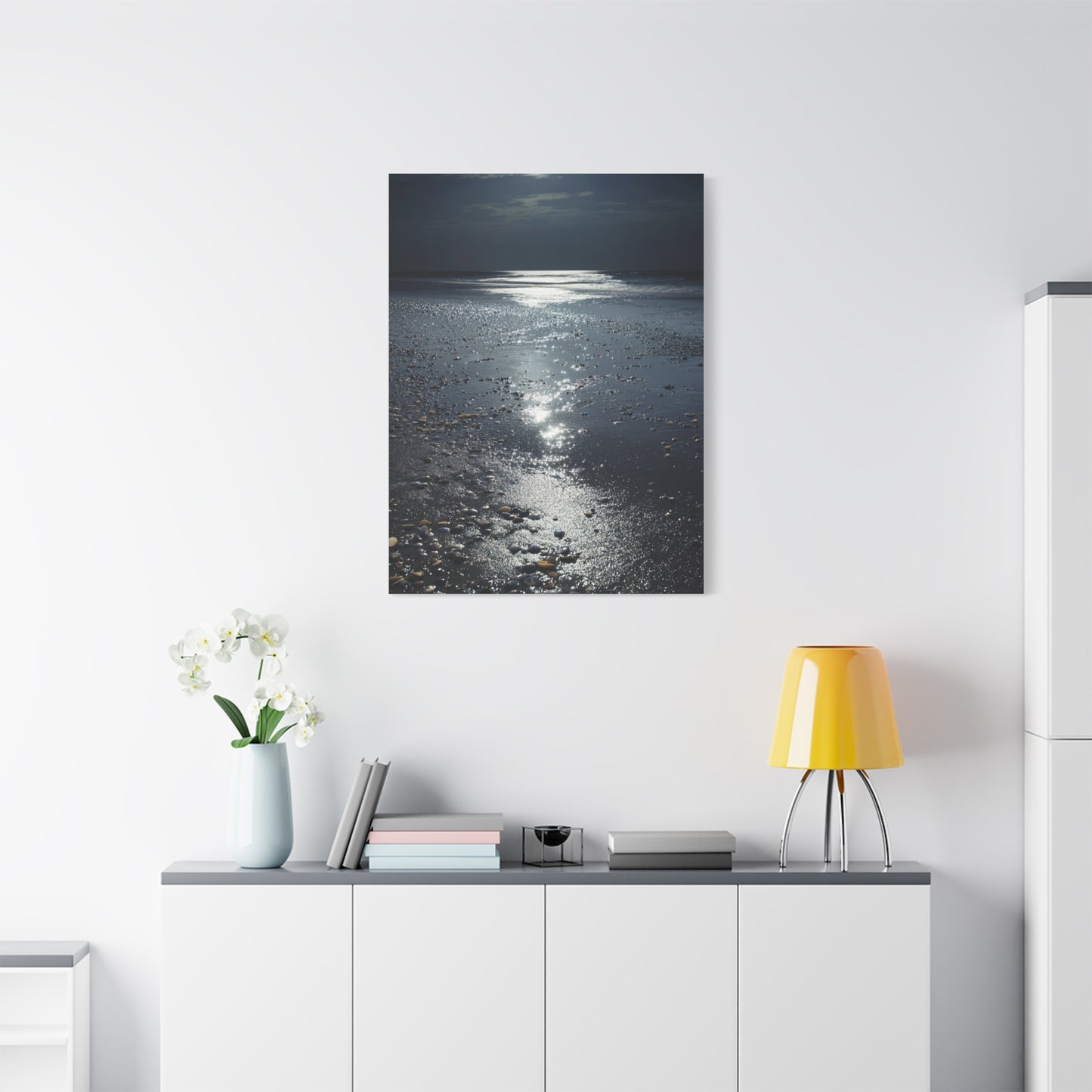 Moonlit Beach Reflections with Scattered Seashells Wall Art & Canvas Print
