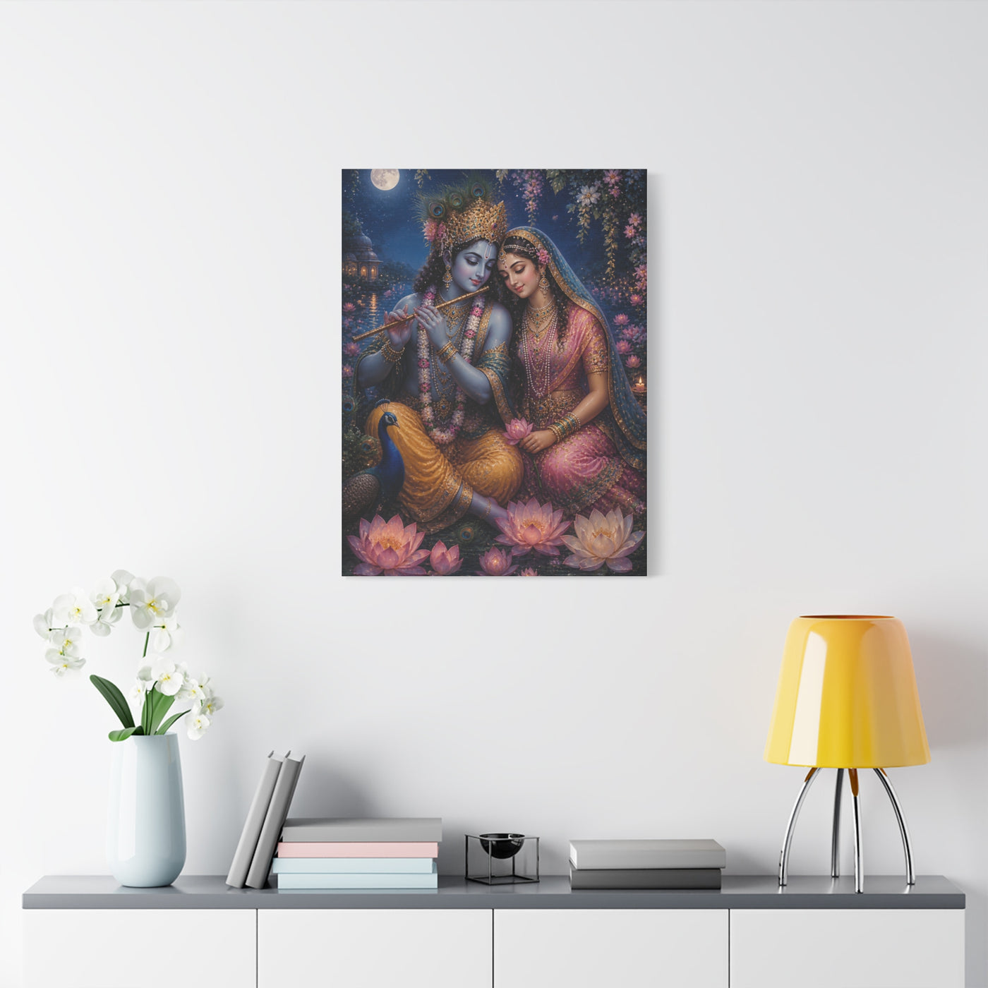 Radha and Krishna Moonlit Lotus Garden Wall Art & Canvas Print