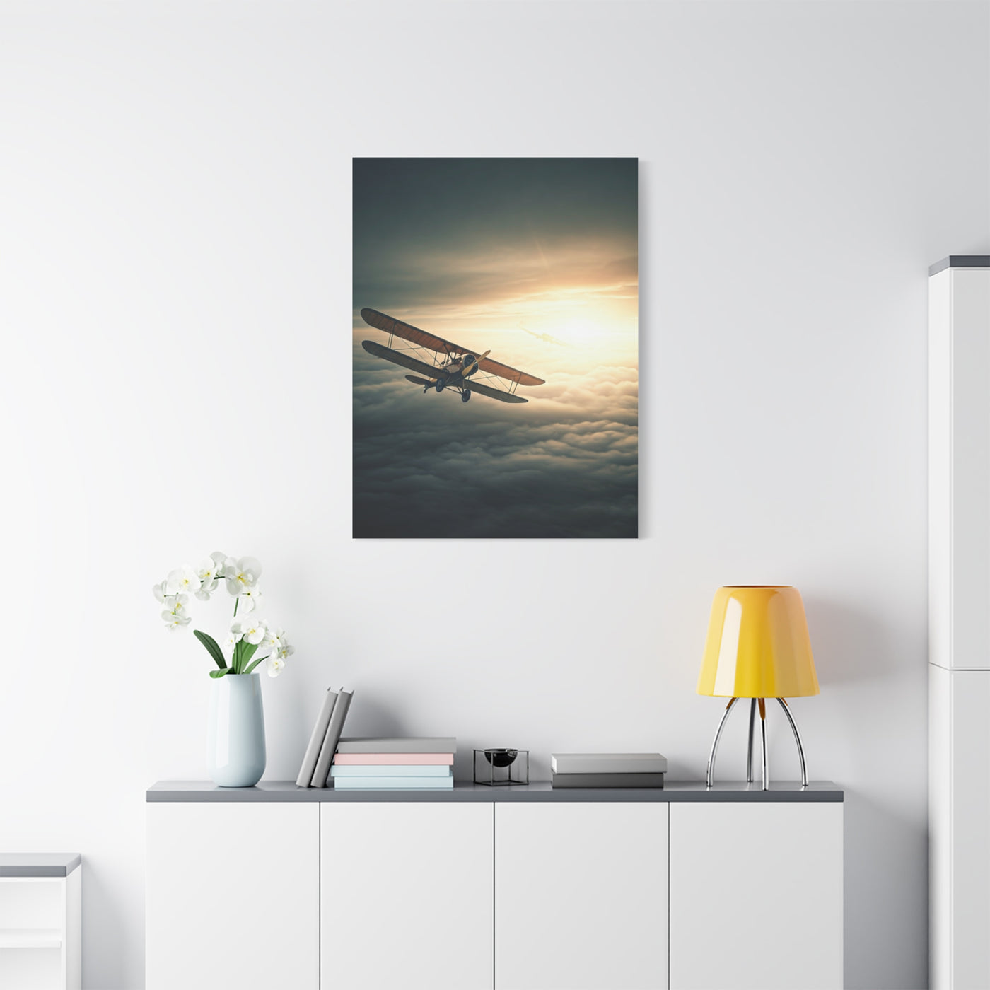 Vintage Biplane Into the Light Wall Art & Canvas Prints