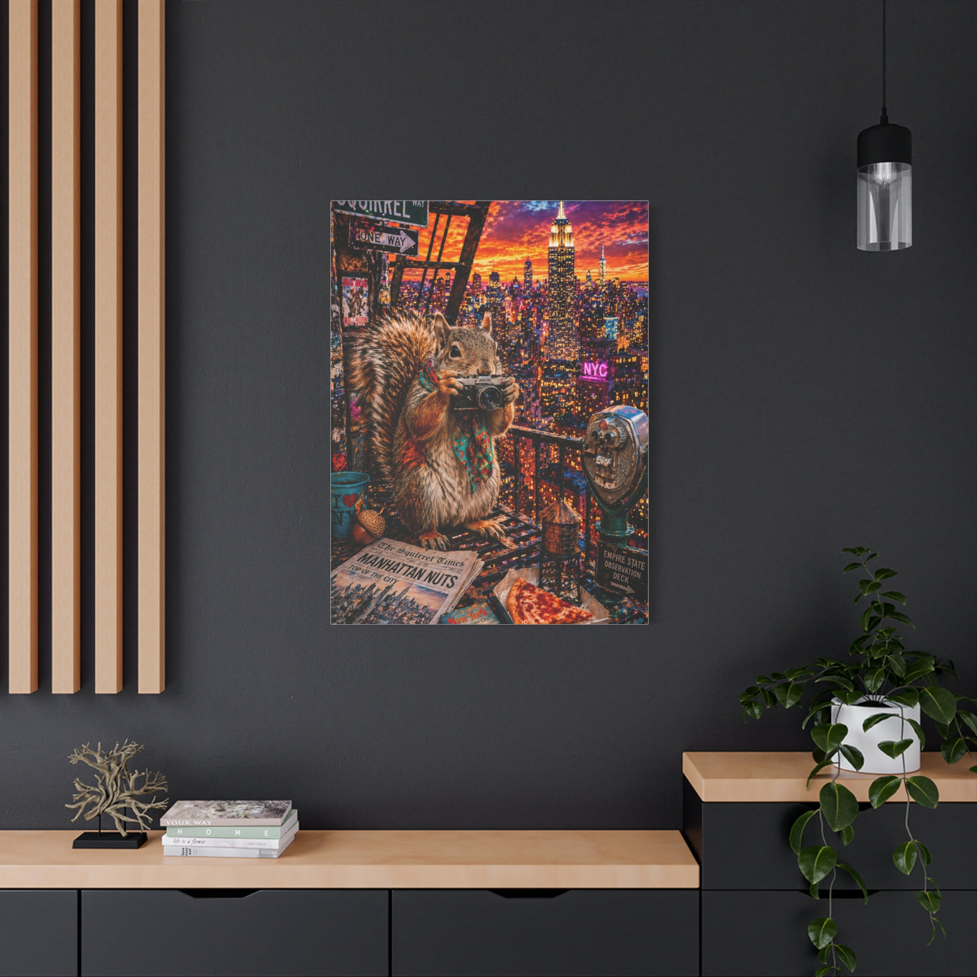 Surreal NYC Squirrel Rooftop Scene Wall Art & Canvas Print