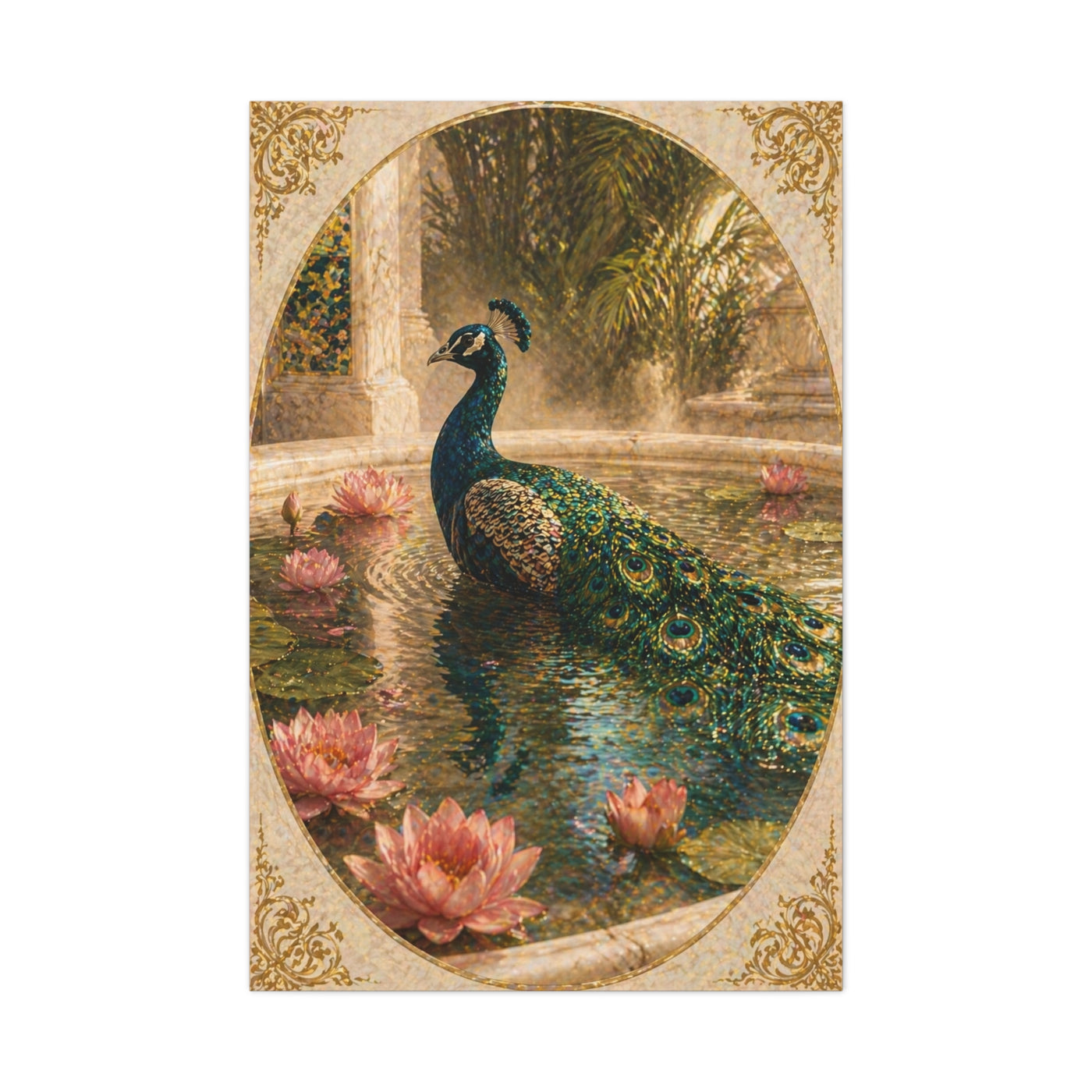 Lotus Pool Peacock Reflection Wall Art & Canvas Print