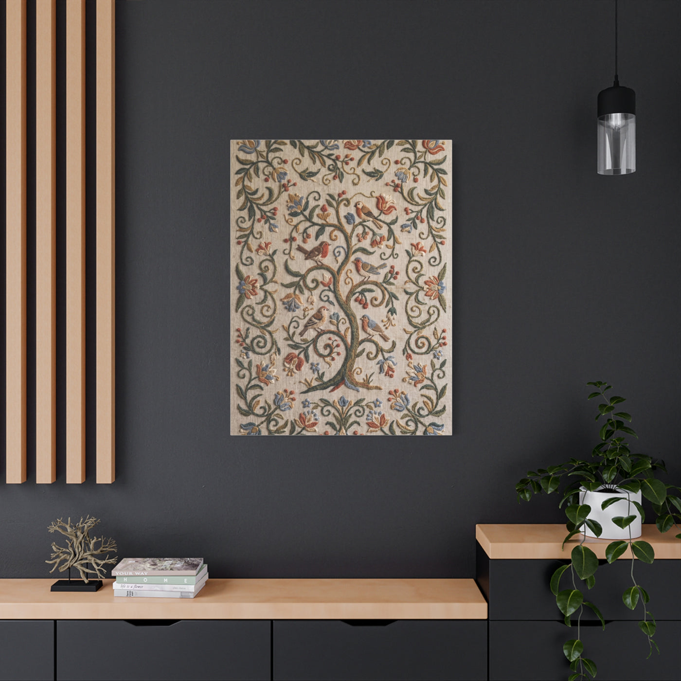 Folk Art Botanical Tree Embroidery Panel Wall Art & Canvas Print