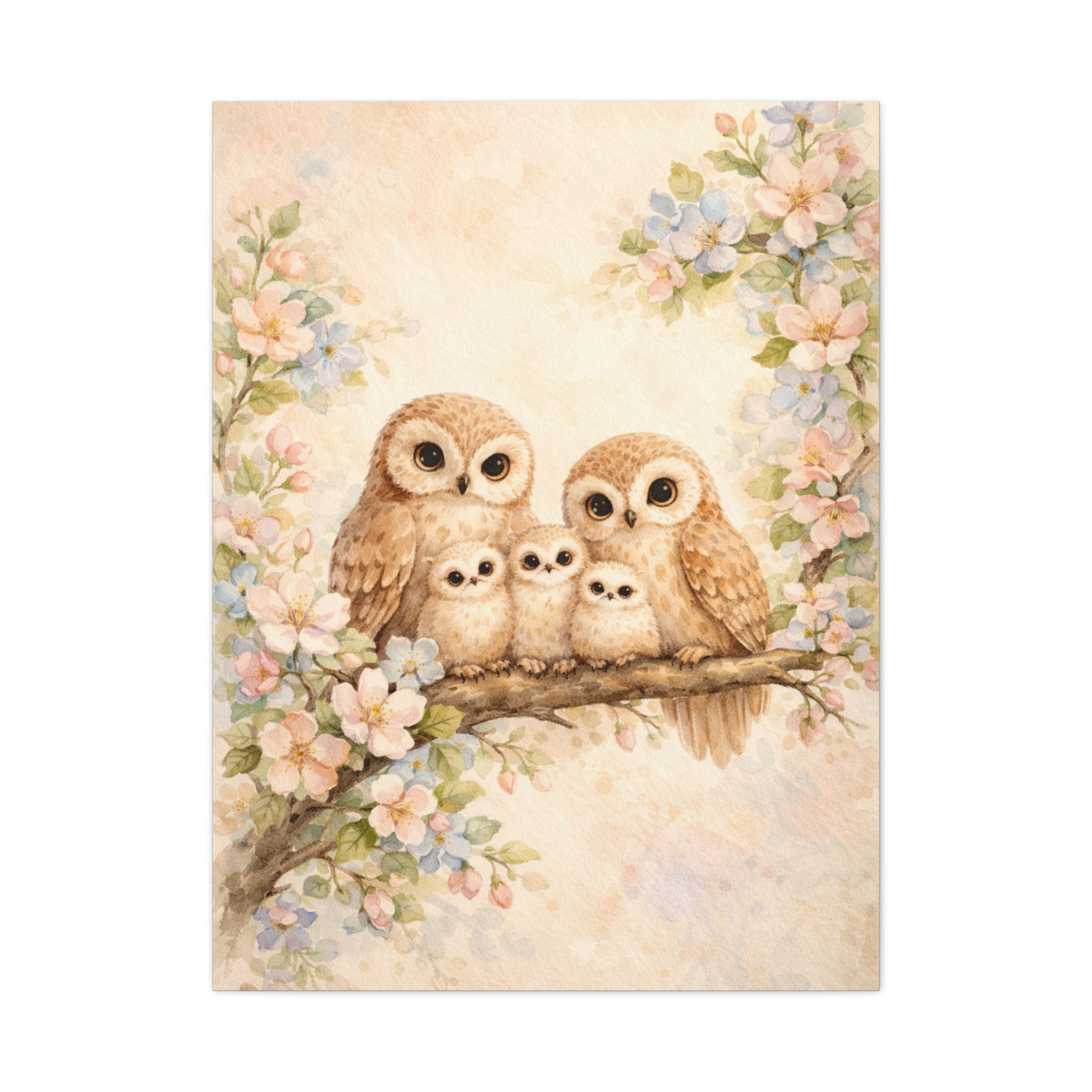 Whimsical Owl Family Blossom Scene Wall Art & Canvas Print