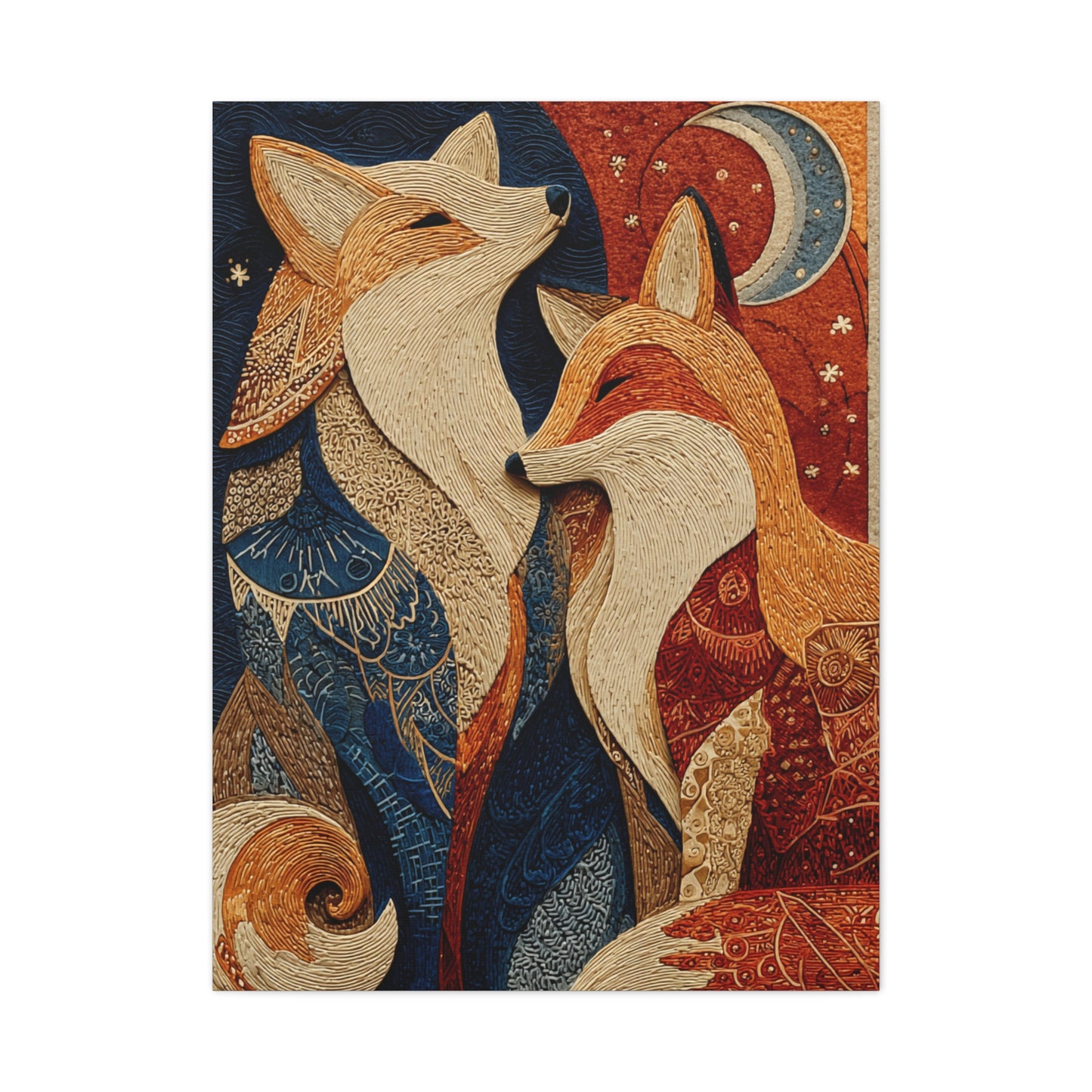 Folk Twin Foxes Celestial Linocut Wall Art & Canvas Print